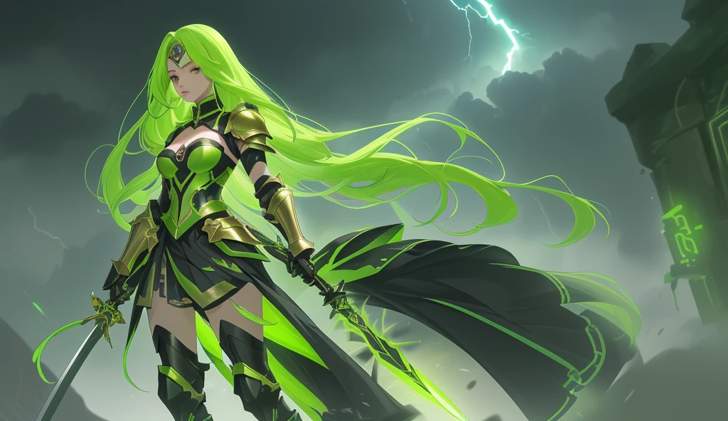 Green fluorescent long hair, golden forehead protector for women, black fluorescent armor, chest, cleavage, iron armor, skirt, iron boots, long-handled sword, whole body, dark clouds and lightning