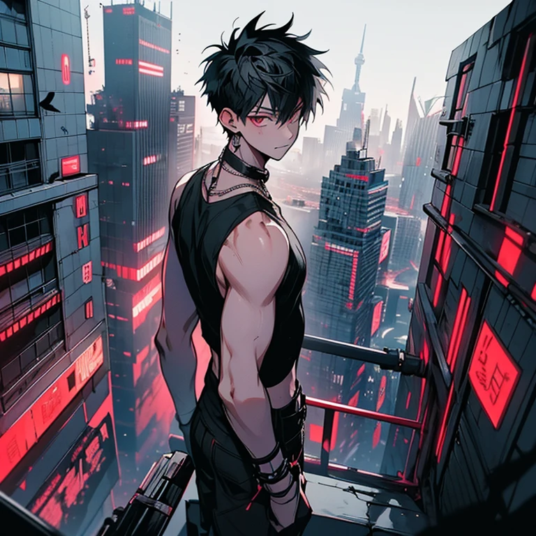 One boy,20-year-old youth、Cyberpunk Boy,Spiky hairstyle、Black tank top、Red jeans、Overview of the composition、Backlight,The adventure begins、Cloudy,Thick Fog、Midnight,darkness,Chaotic Future City、Destroyed and ruined city、Dystopia、A very complex group of skyscrapers stands in the middle、A very complex and dilapidated urban landscape,Destroyed skyscraper in China、bird、Quite dim lighting、Dark Road、puddle、Chaotic landscape、Beautiful and fantastic scenery、Cinematic landscape、high quality、Tabletop,8k、High resolution、Ultra-detailed,