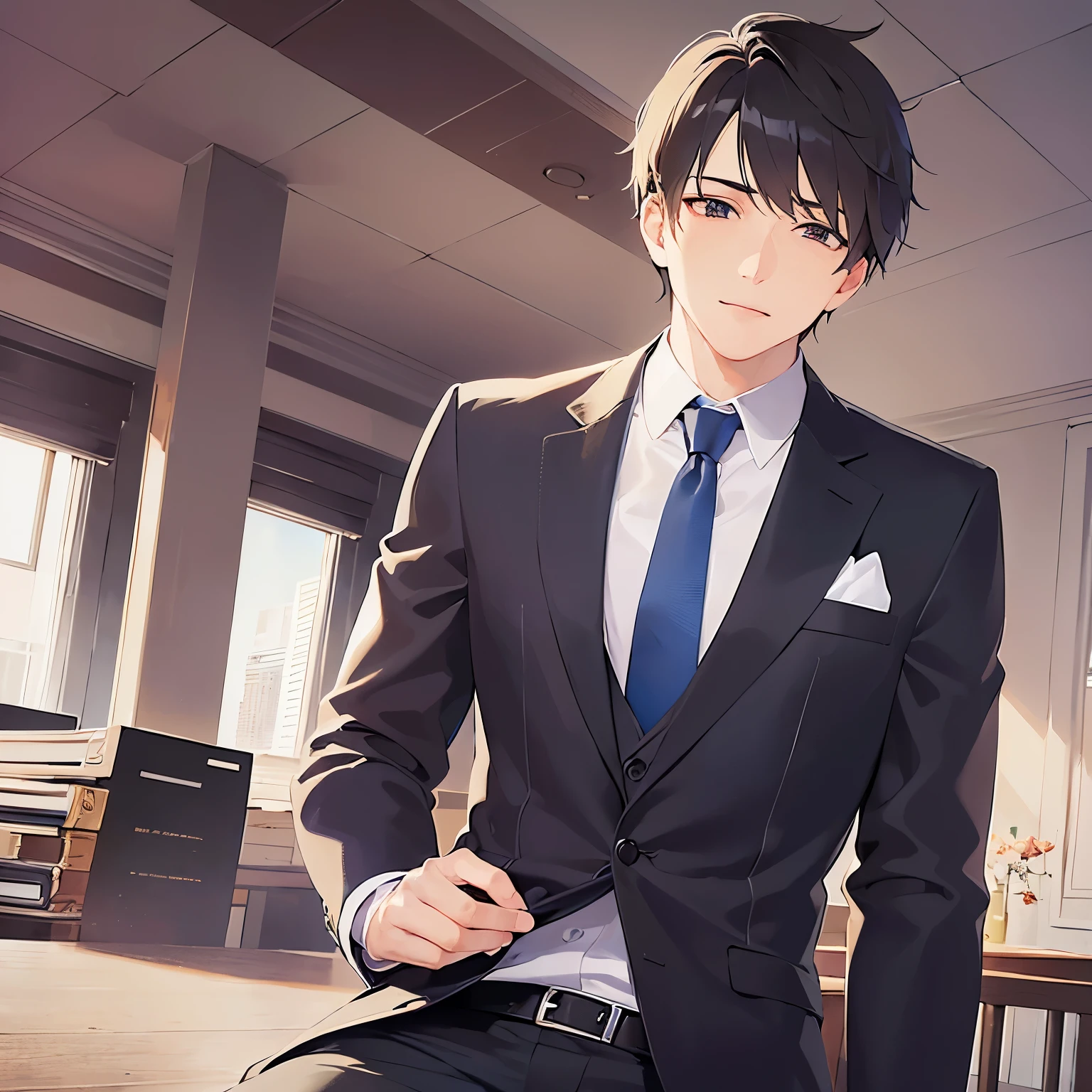 upper body、shiny skin, (looking away:1.5)、masterpiece、highest quality、(25-year-old male:1.5) and (Brown short hair) and (Green Eyes), (Wearing a suit:1.3) and (Blue tie)、Sitting、smile、Background is an office room、computer、(Alone:1.5)、Upper body is shown、