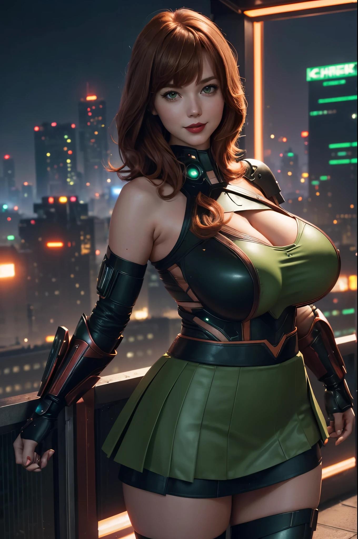 Supergirl 27 years old, (((1girl))) ((( Taylor Swift:Emma Stone:0.7))) Beautiful woman (((shoulder length wavy auburn hair))) (bangs:1.2) ((green cyberpunk style futuristic armor with skirt)) defined body, Red lipstick, smiling, hands free, standing, high tech cyberpunk city rooftop, night, (huge_breasts:1.4) (curvy:1.3)(chubby:1.1)