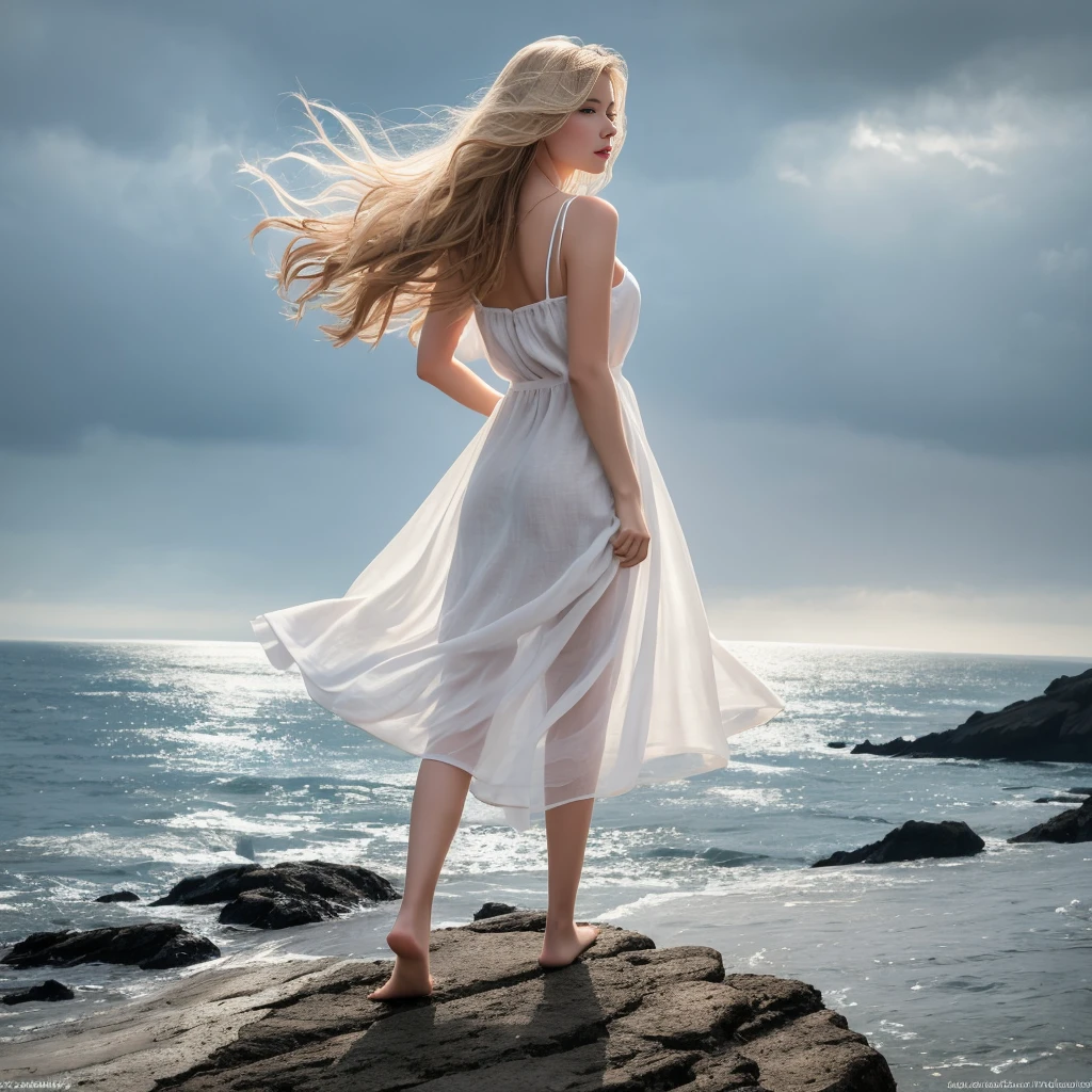 ((Masterpiece)) A beautiful Nordic girl is standing on the cliff, looking at the ocean. She has long blond hair waving behind her back and sky-blue eyes. She wears a white linen dress that moves with the breeze. A highly detailed and hyper-realistic depiction of a princess in a white linen dress, wearing white panties, Realistic hands. ((full body)), mybeauties, The perspective is from below. ((Full body, bare feet)). The character is surrounded by mist, evoking a mysterious and eerie atmosphere. The lighting is dark and atmospheric, with a red smoke adding a touch of sinister ambiance. The image is of the best quality, with a resolution of 4k and HDR enhancement, showcasing the utmost level of detail and realism, sfw, full body shot.