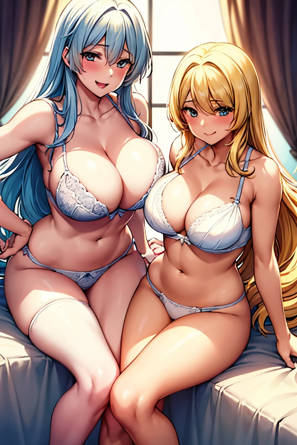 2 Girls, 1with yellow hair, 1 with white hair, bra, underwear, lingerie, big breast, smile, beautiful body, beautiful face, beautiful eyes