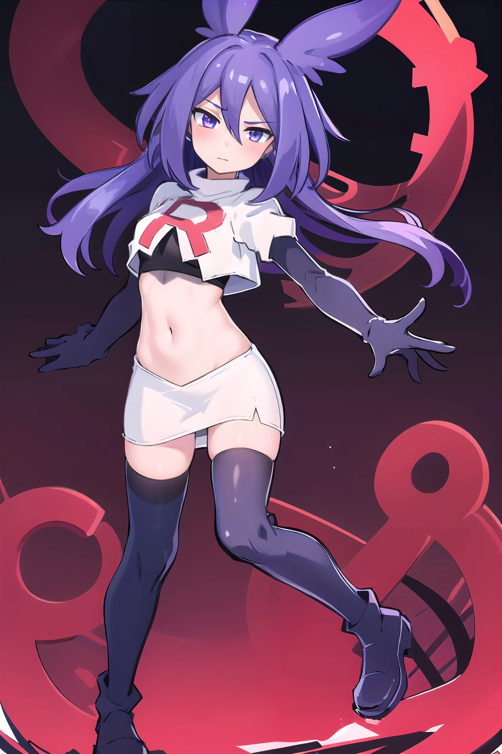 masterpiece, 1girl, levia \(trillion\), team rocket,team rocket uniform,white skirt,red letter R,crop top,black thigh-highs,black elbow gloves