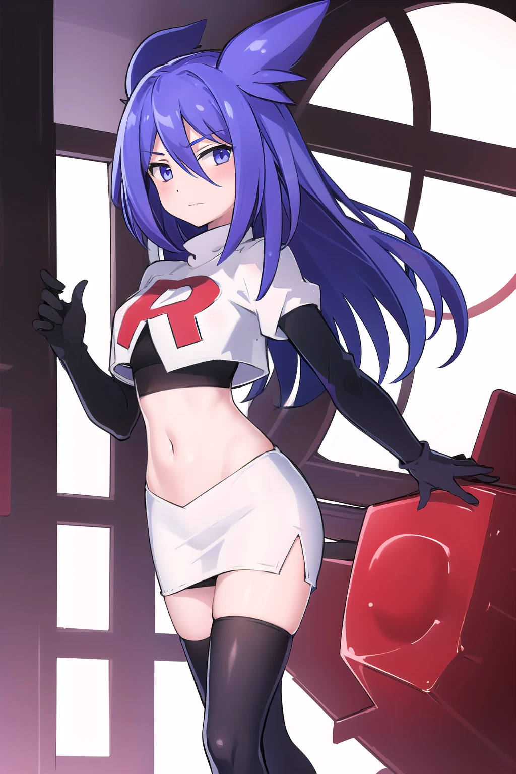 masterpiece, 1girl, levia \(trillion\), team rocket,team rocket uniform,white skirt,red letter R,crop top,black thigh-highs,black elbow gloves