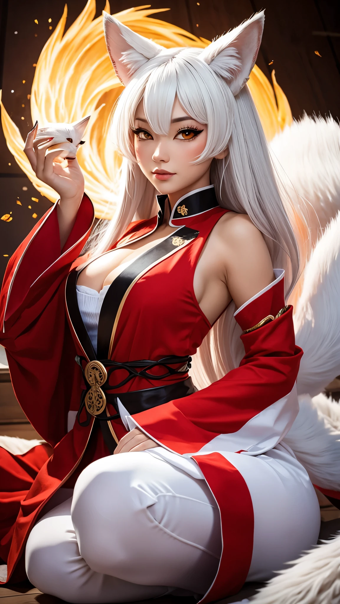 send，tmasterpiece，beautifuldetails，extremely colorful，Exquisite details，Delicate lips，The details are complex，Realiy，Ultra photo realsisim，A girl with a white-haired fox sitting on a branch：1.1，Large breasts，Raised sexy，seductiv，ethereal fox，nine tail fox，Fox three-tailed fox，Onmyoji detailed art，Nine Tails，a beautiful artwork illustration，mythological creatures，red fox，Beautiful digital artwork，Exquisite digital illustration，mizutsune , Inspired by the mythical creature wildnet，Digital art on Pixiv，strong lights，hight contrast，Horror movie theme，Dark atmosphere，Red clothes and white hair