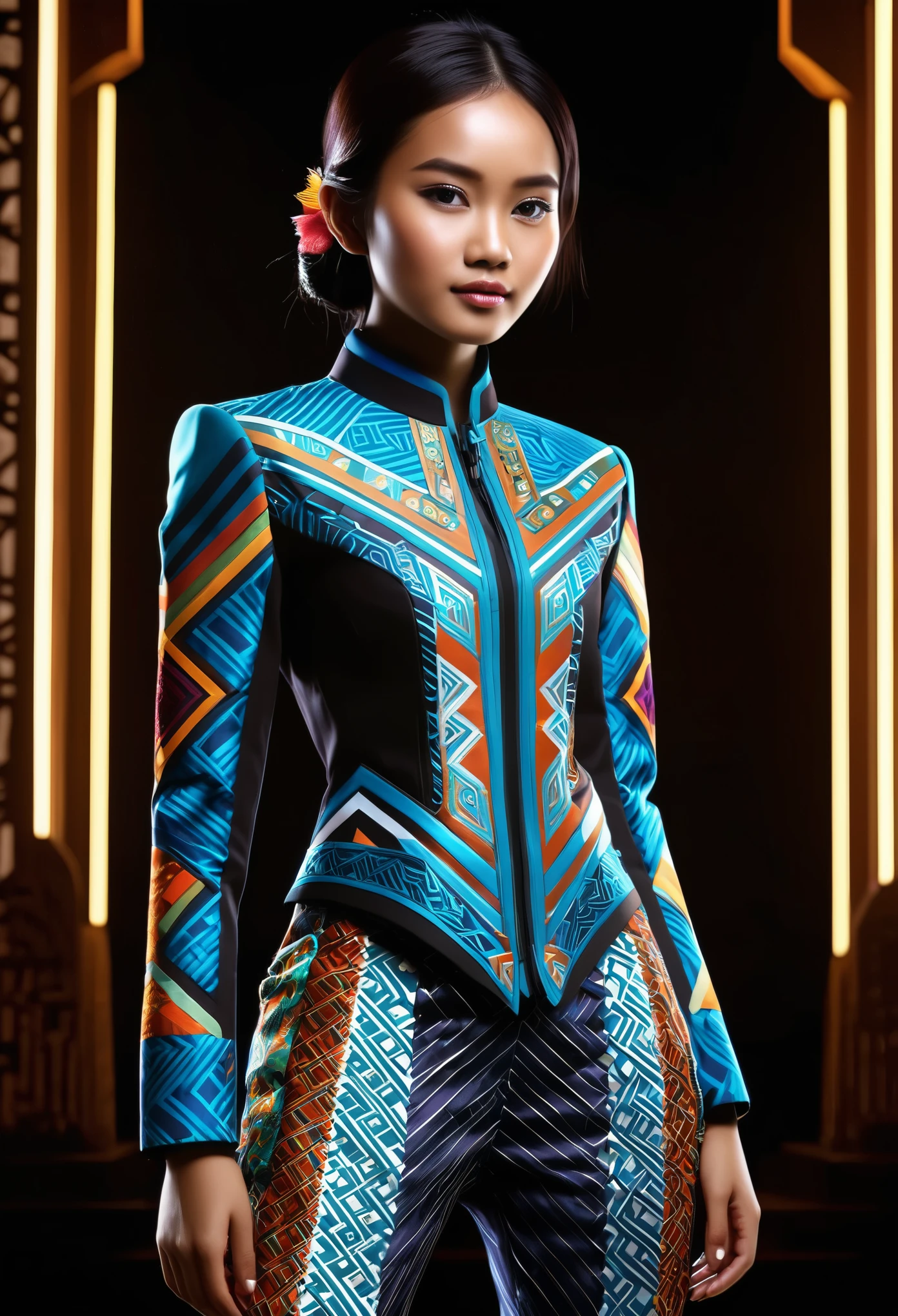 An Indonesian-styled futuristic suit worn by a girl depicting cultural fusion and modern fashion. The suit is adorned with intricate patterns and vibrant colors, showcasing the rich heritage of Indonesia. The girl stands confidently in a dynamic pose, with her detailed eyes reflecting determination and curiosity. The suit's material is a combination of traditional textiles and futuristic synthetic fabrics, giving it a unique and avant-garde appearance. The overall image quality is of the highest standard, with sharp focus and ultra-detailed rendering. The artwork employs physically-based rendering techniques, resulting in realistic lighting and shadows. The colors are vivid and vibrant, capturing the essence of Indonesian cultural aesthetics. The background features a fusion of modern architecture and traditional elements, creating a harmonious blend of the past and the future. The prompt explores the intersection of Indonesian culture, futuristic design, and the artistic representation of a confident girl