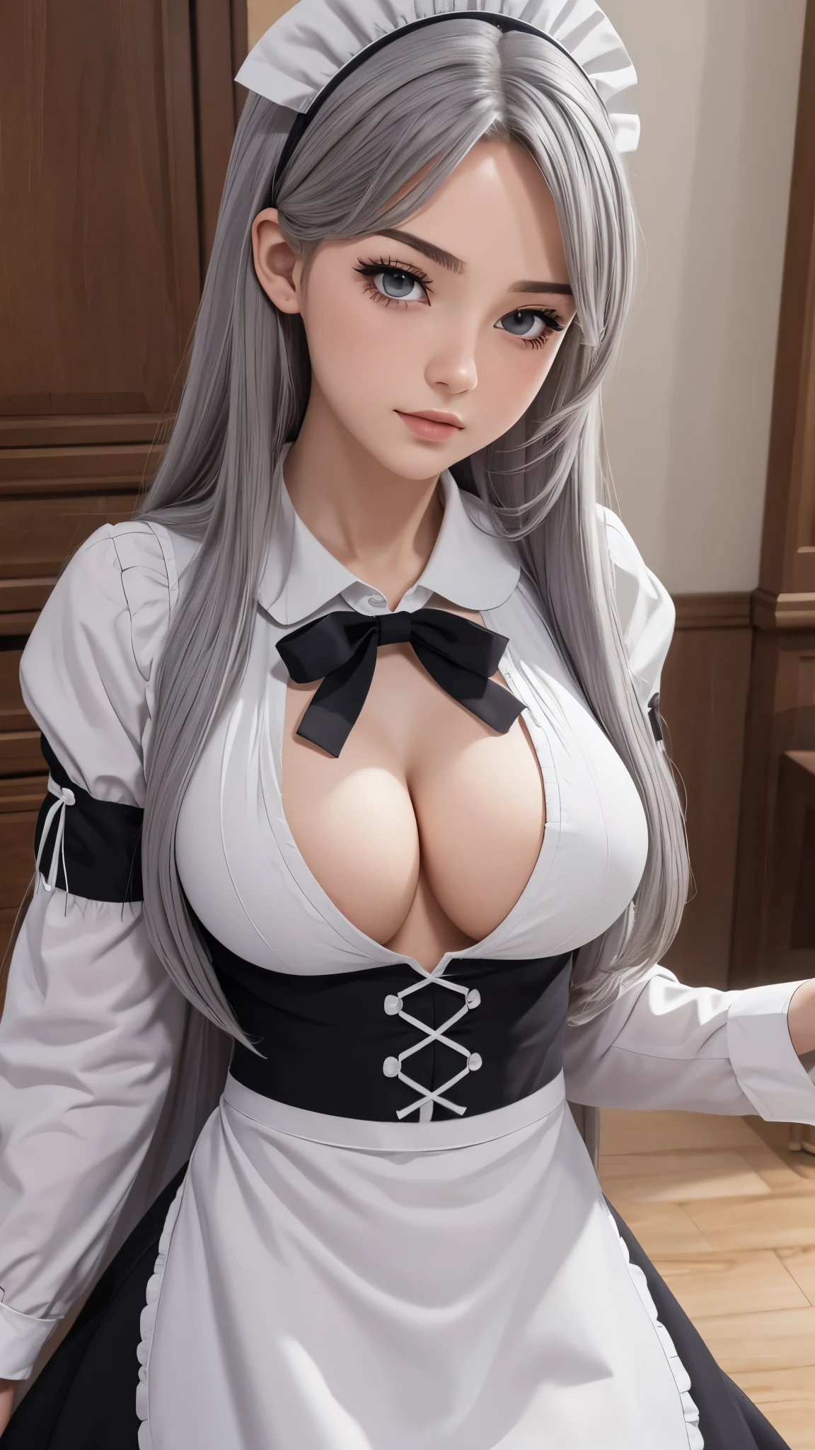 masterpiece, best quality, highres, absurdres, 8k, 4k, official art,, , (flat_color:0.9),, , 1girl, large_breasts, maid uniform, Grey hair, , ,