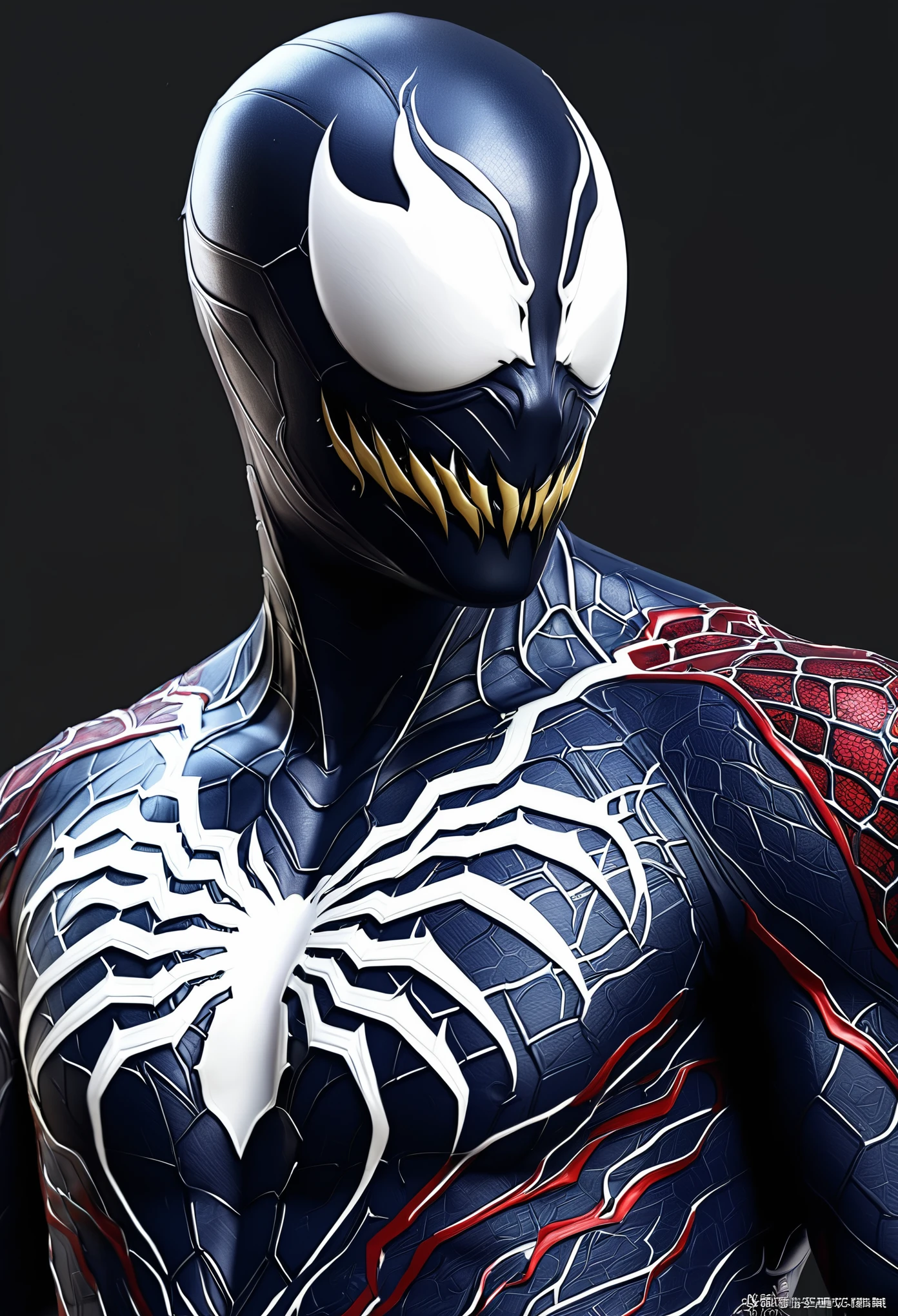 (high quality), (masterpiece), (detailed), 8K, Hyper-realistic illustration depicts (Japanese boy1.3) with striking features, dressed in (Venom Vespidae-inspired1.2) attire, showcasing intricate (upper body1.2) details, in style of Artgerm Lau, trending on Artstation.