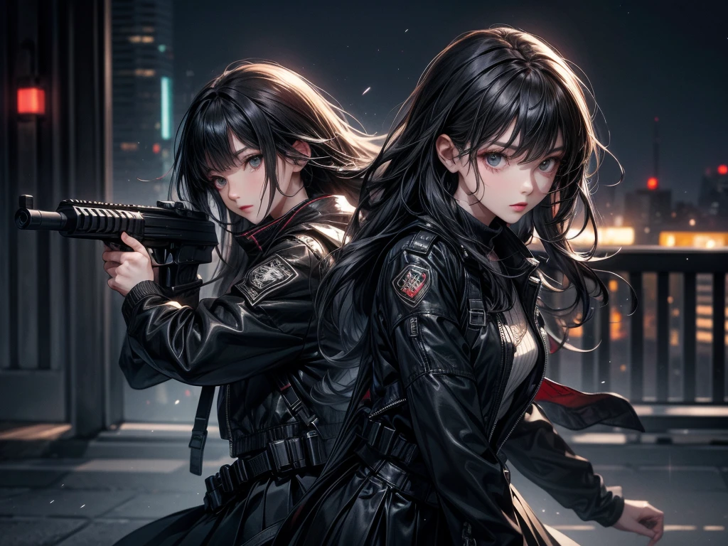 Hold a gun in front of your face、Pistol、dynamic、assassin、Black-haired woman、black jacket and skirt、Diagonals、urban at night