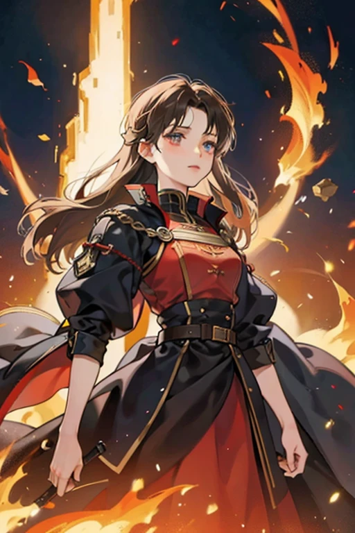 Medieval Female War General is standing on a battleground. there are wall of fire behind them.