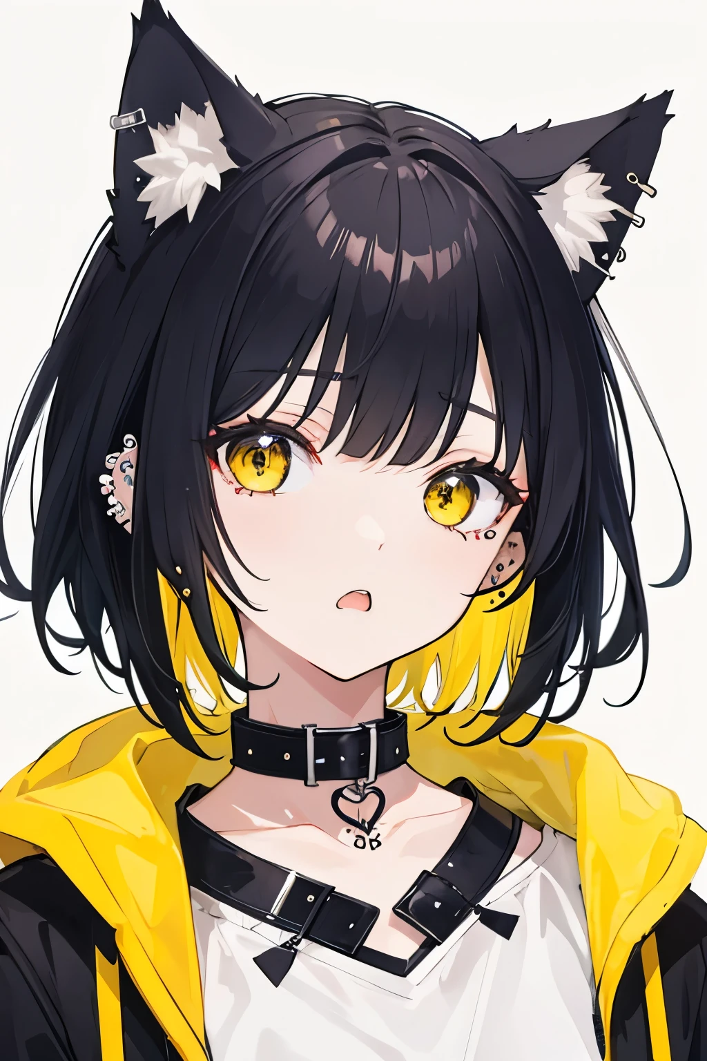 Short wolf cut, black hair with yellow inside, lots of piercings、A chunky collar、Cool cute、&quot;No kemonomimi&quot;