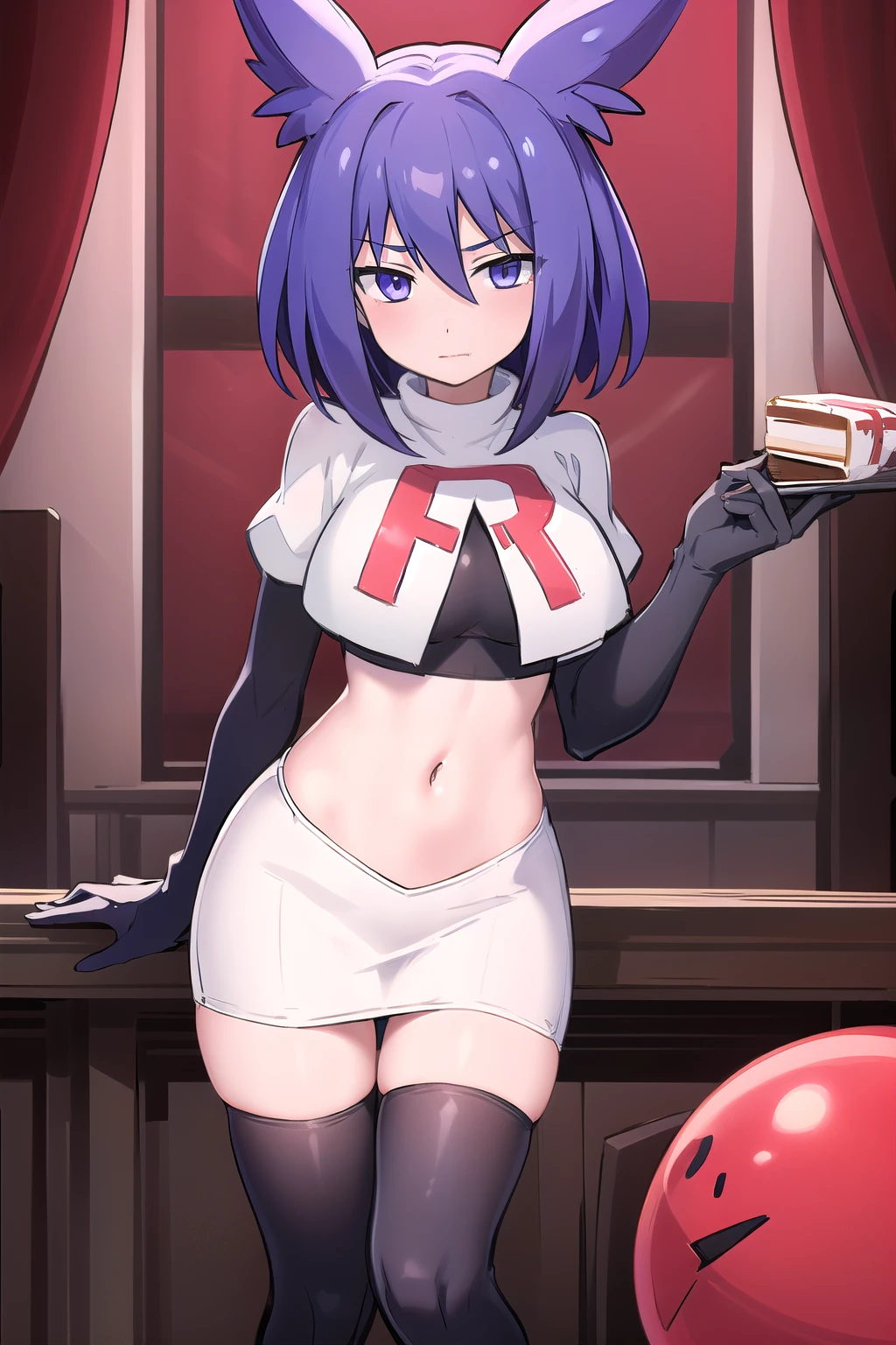 masterpiece, 1girl, levia \(trillion\), team rocket,team rocket uniform,white skirt,red letter R,crop top,black thigh-highs,black elbow gloves