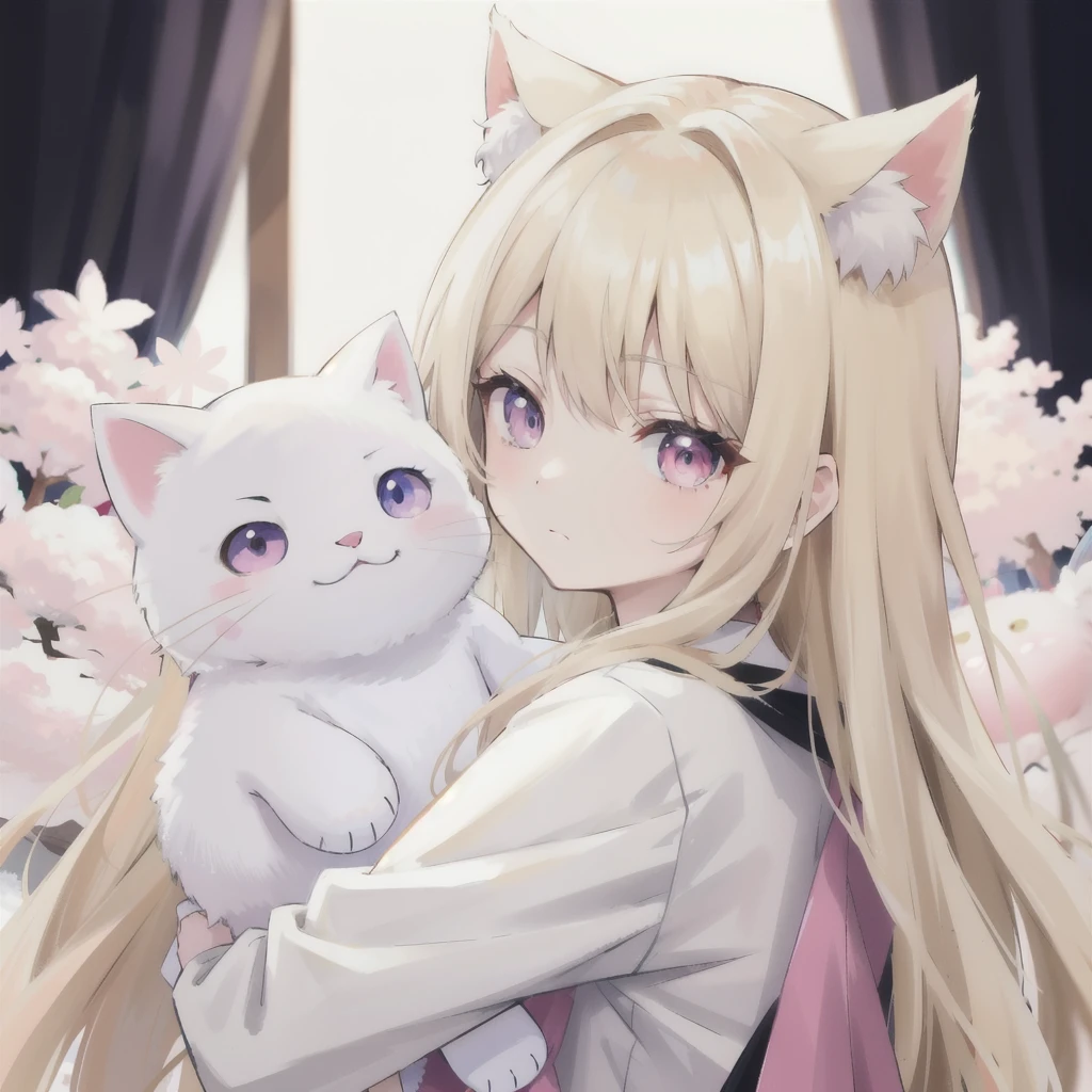 Fluffy blonde、Long Hair、Pink eyes、Fluffy white cat plush toy