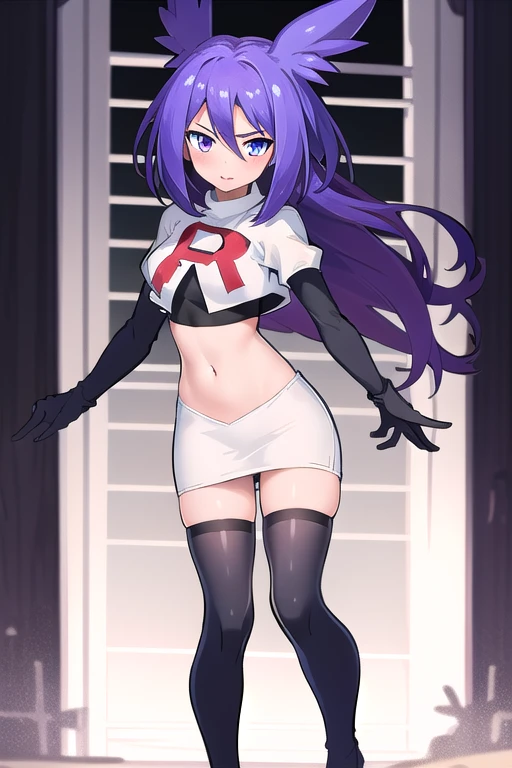 masterpiece, 1girl, levia \(trillion\), team rocket,team rocket uniform,white skirt,red letter R,crop top,black thigh-highs,black elbow gloves