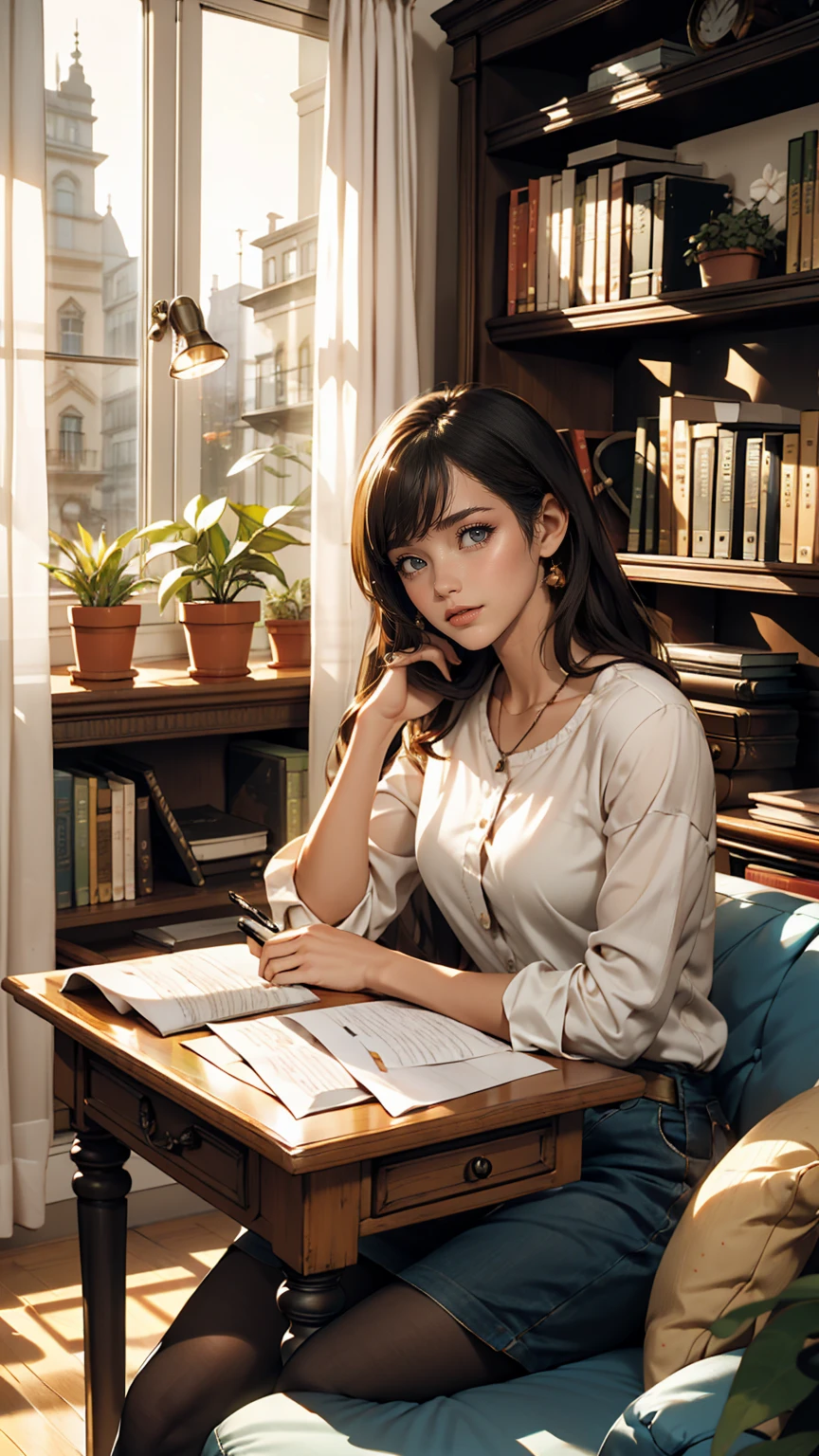 living room, sofa, window, curtain, Speckled sunlight, Potted plants, table, cupboard,Bookshelf, paper, Desk lamp, Typewriter, Girl sitting on sofa、smile