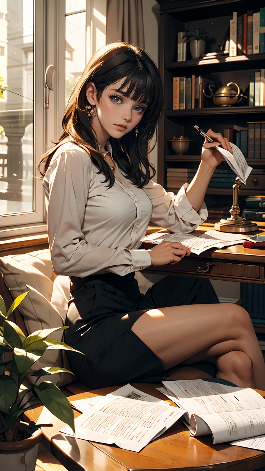 living room, sofa, window, curtain, Speckled sunlight, Potted plants, table, cupboard,Bookshelf, paper, Desk lamp, Typewriter, Girl sitting on sofa、smile