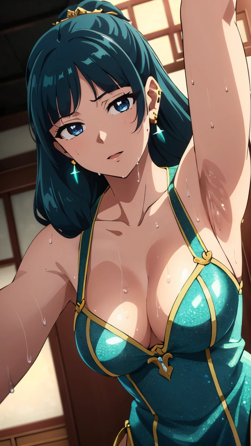 Top quality (8k, high resolution, masterpiece: 1.2), super detailed, anime art style, dynamic angle, teen style, (Chinese dress, exposed shoulders, earrings, indoor,), detailed green hair, detailed blue eyes, intricate hairstyle, long hair , slim body, sparkling eyes, youthful, hair accessories, earrings, half-updo, slightly dull bangs, detailed lighting, bright colors, looking at the viewer, in the center of the image, cowboy shot, sweaty, armpits, (full of sweat), side breasts, close up armpits, (dripping wet armpits), white bra, medium breasts