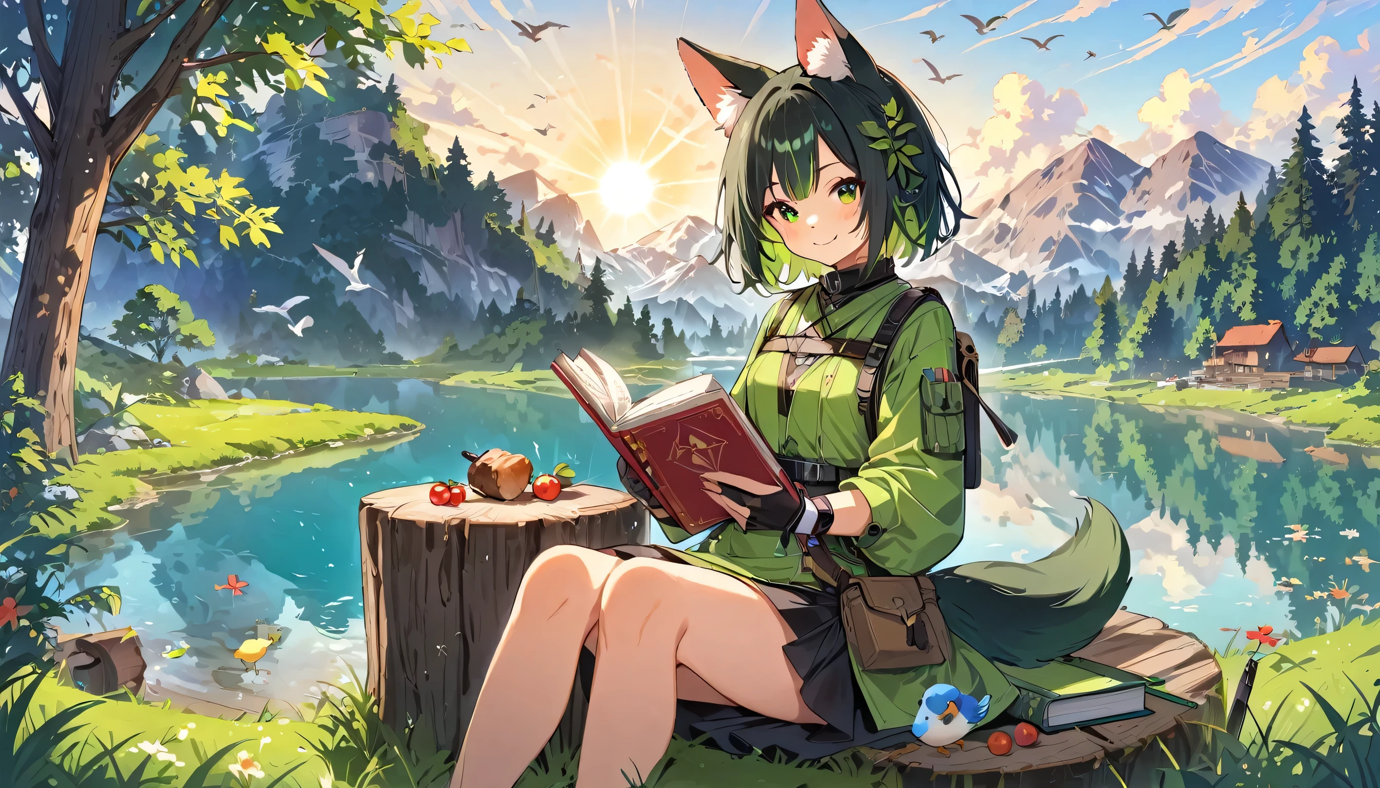 masterpiece, highest quality,, One Girl, Sitting, animal, animal ears, bird, black_hair, Book, Bookmark, branch, gloves, Grass, green hair, Holding, Holding Book, food, food down, leaf, View your audience, multicolored hair, open_Book, partially fingerless gloves, pen, plant, Pouch, Quill, read, Sitting, smile, alone, tail, wood, wood stump,, null, sun, Mountain, forest, lake