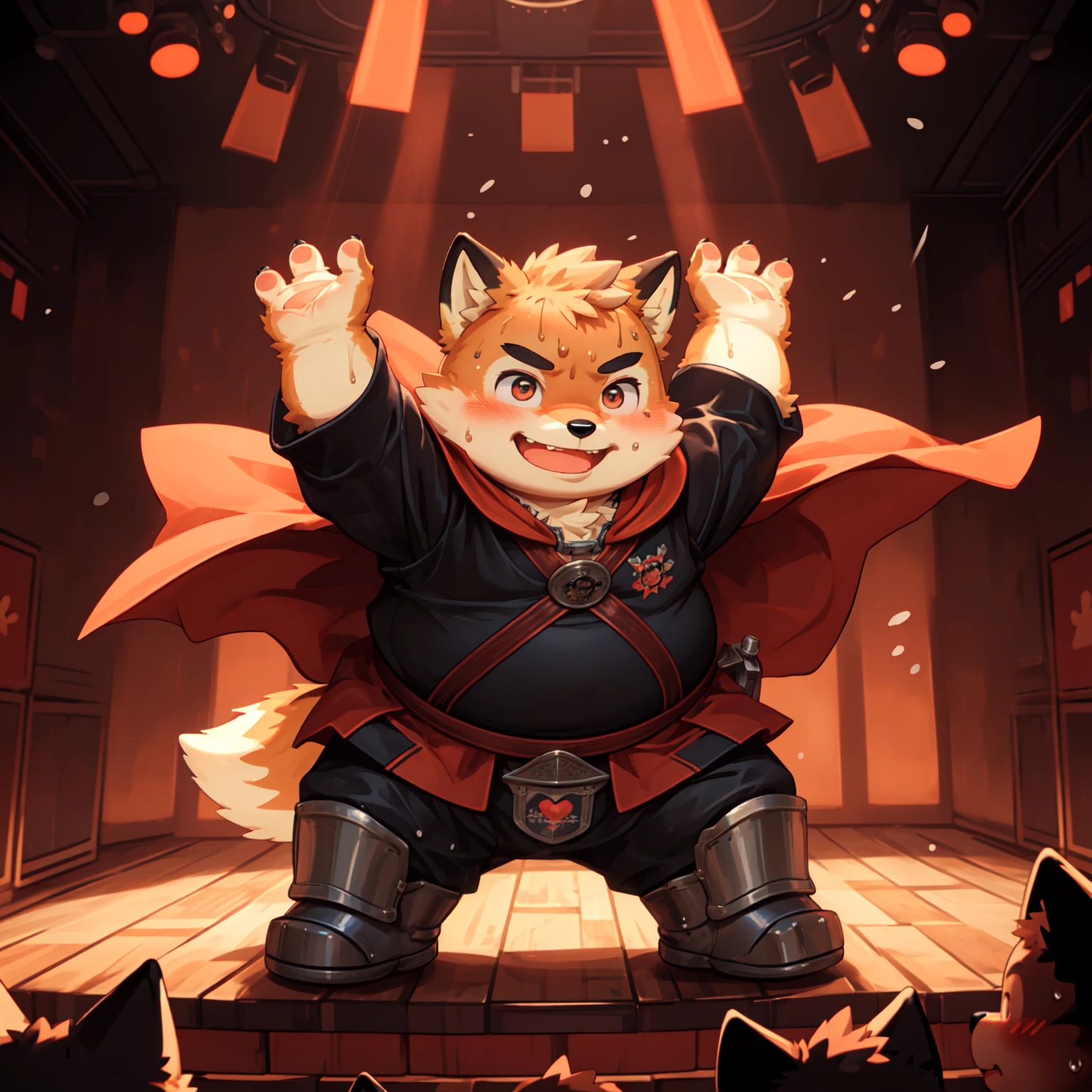 New Jersey 5 Furry，fox，portrait,（Solitary），child，Beautifully，Chubby，Orange plush fur，Cute face，Black eyebrows，(knight clothing, Cherry red long cape),Child，stage，role play，Holding a sword，Dynamic Angle, (Dynamic poses), masterpiece,best quality, Play，Smile，blush，Sweating