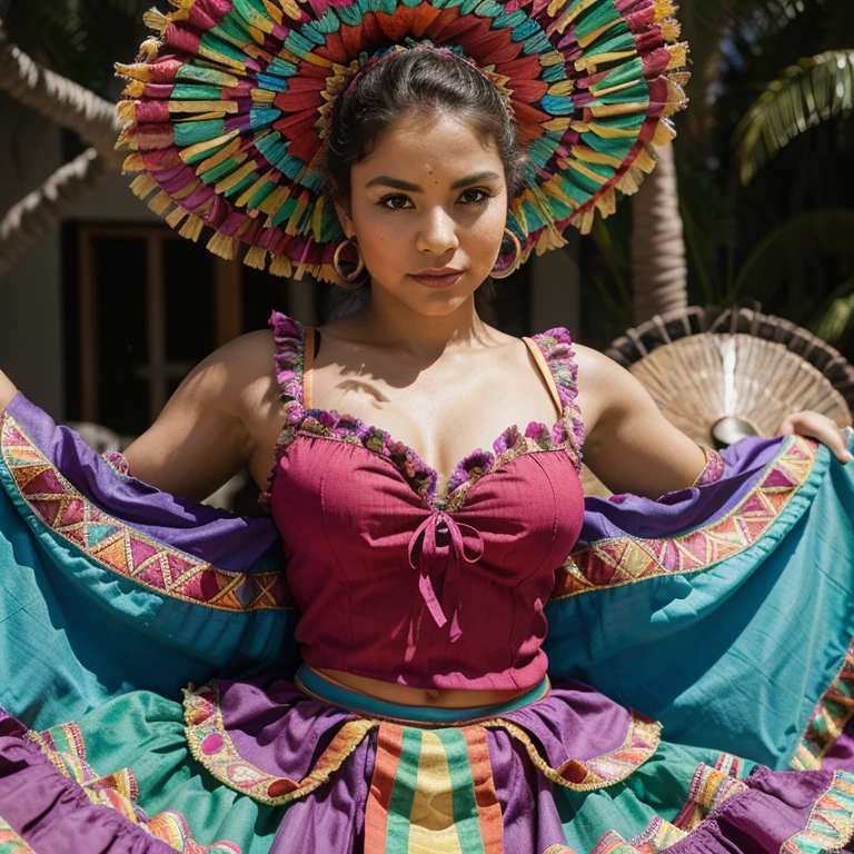 Mujer abrazando a un bebé woman in a colorful a portrait by Kathleen Scott, flickr, renaissance, folklorico, mexican folklore, lorena avarez, costume, female dancer, figure, karla ortiz, traditional costume, editorial photo, dancer, danza azteca dancers, catalog photo, bolero, mexico, full pose, traditional dress