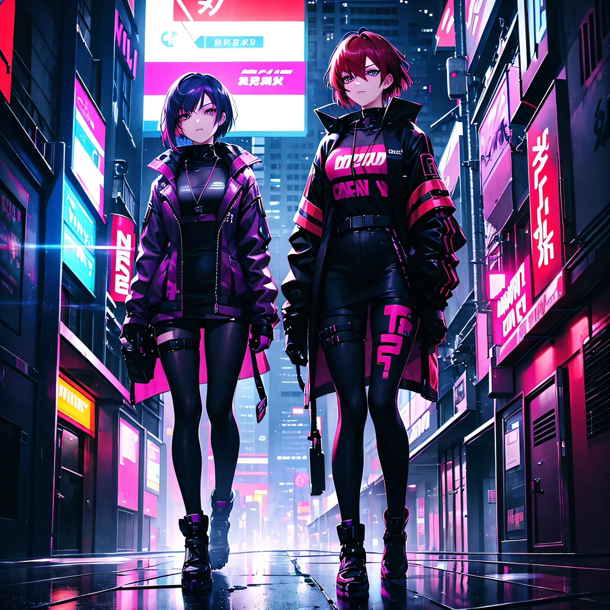 Cyberpunk, neon lights, two woman, Mature, red-haired, purple eyes, sexy. Second young woman with short red hair and gray eyes.