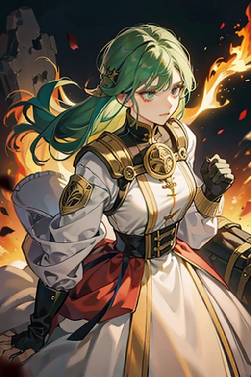 Medieval Female War General is standing on a battleground. there are wall of fire behind them. She has green hair and dark skin.