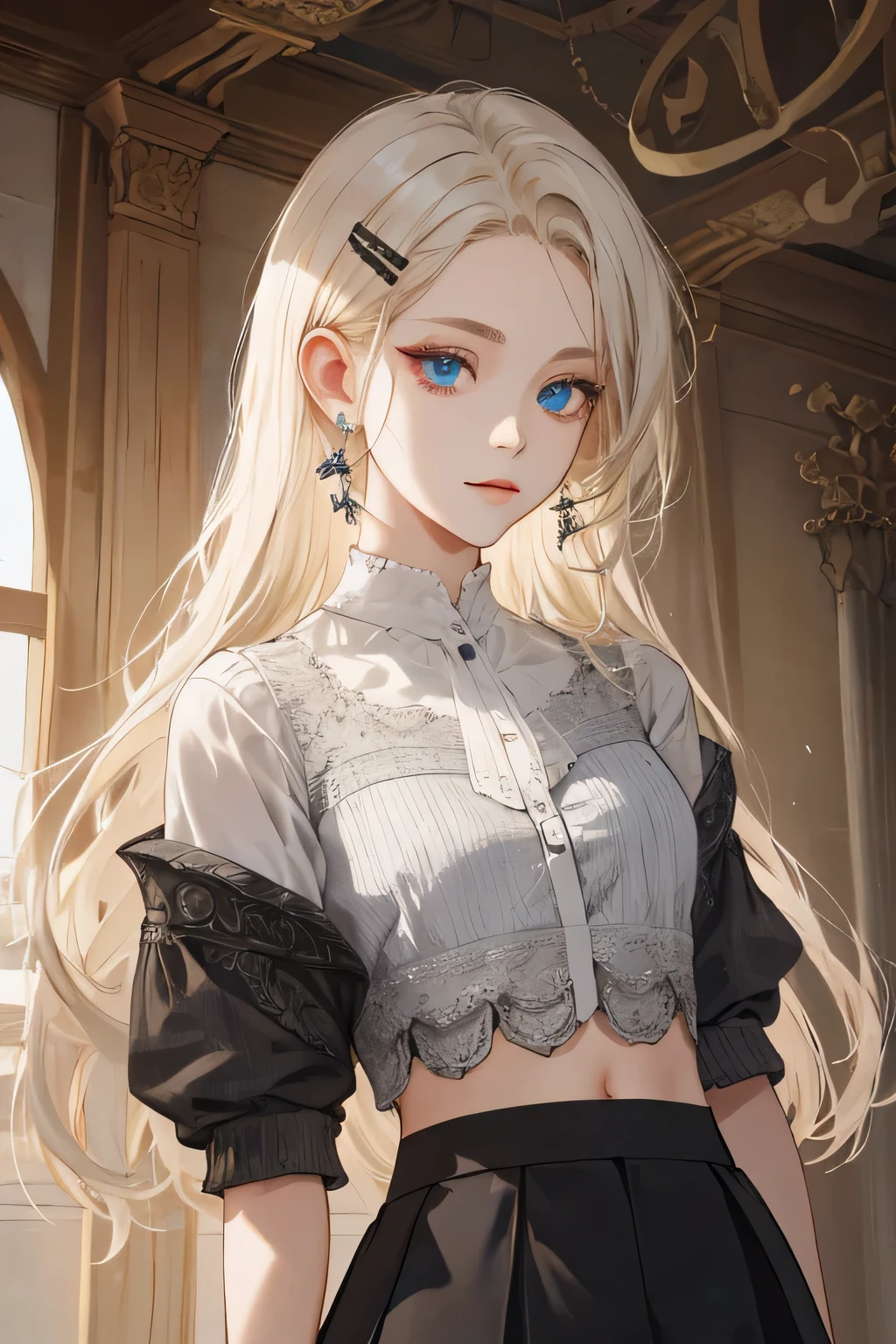 (extreamly delicate and beautiful:1.2), 8K,(masterpiece:1.0),(best_quality:1.0), 1 girl, and intricate detailing, Enlarged textures, and intricate detailing, finely eye and detailed face, and intricate detailing, shiraga, platinum blonde curls long hair, (closed mouths), Perfect eyes, Equal eyes, carolina eyes (A famale god) with crop top modern, cardigan modern T-shirt croptop with black short skirt, carolina eyes perfect, perfect, earing, hairpin