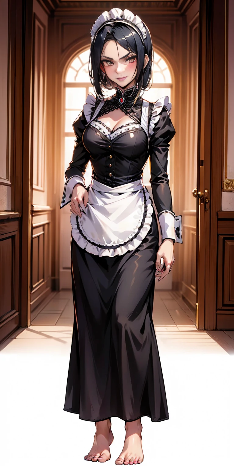 1girl, cute, ((Short black hair girl and long blonde hair girl)), maid victorian, maid apron, straight face, dazed, Body position: Standing, straight, symmetrical, barefoot, Lustful smile on face with red blush