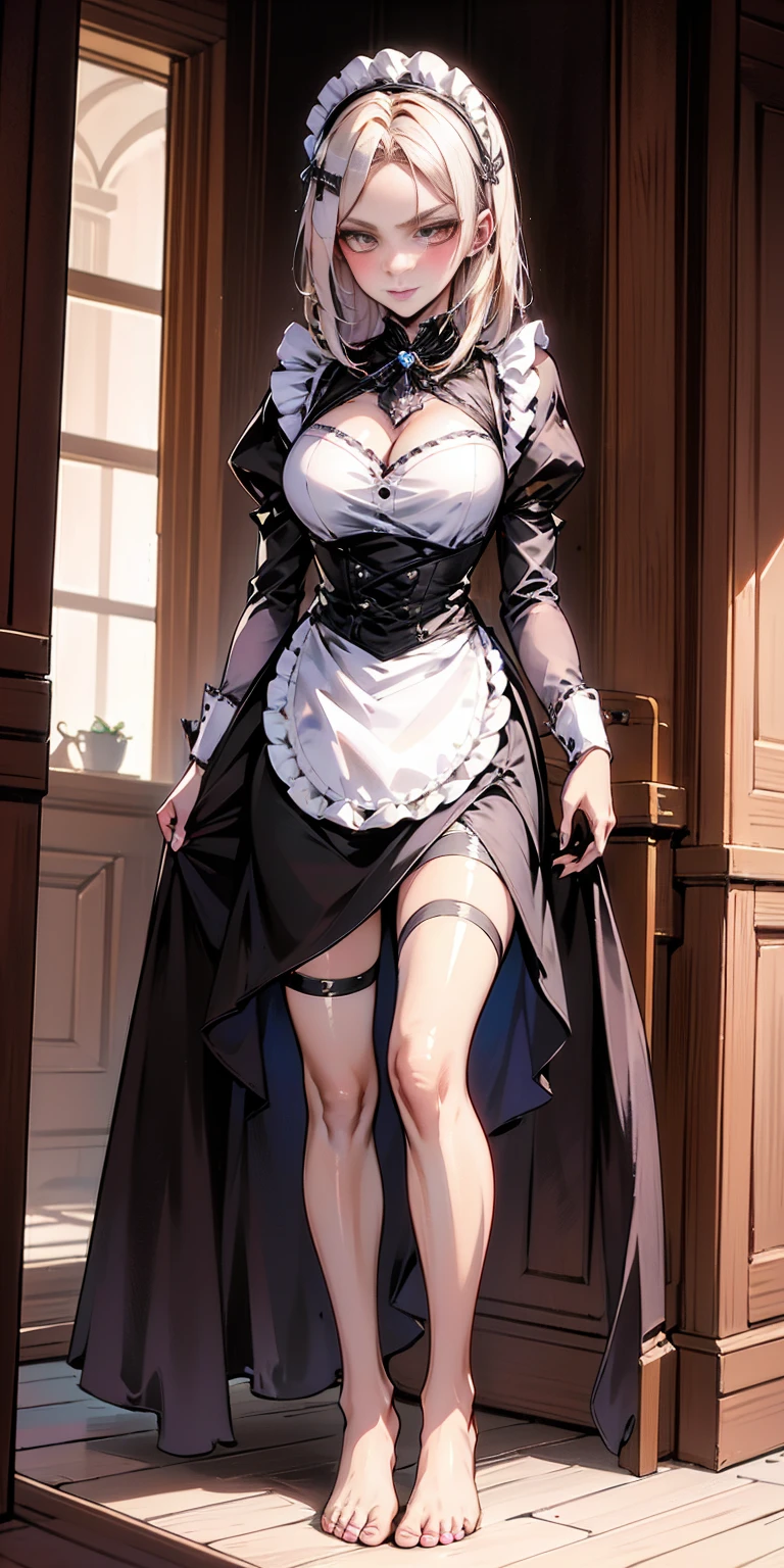 1girl, cute, ((Short black hair girl and long blonde hair girl)), maid victorian, maid apron, straight face, dazed, Body position: Standing, straight, symmetrical, barefoot, Lustful smile on face with red blush