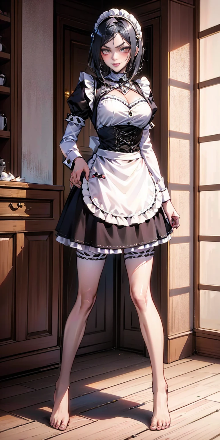 1girl, cute, ((Short black hair girl and long blonde hair girl)), maid victorian, maid apron, straight face, dazed, Body position: Standing, straight, symmetrical, barefoot, ??????? smile on face with red blush