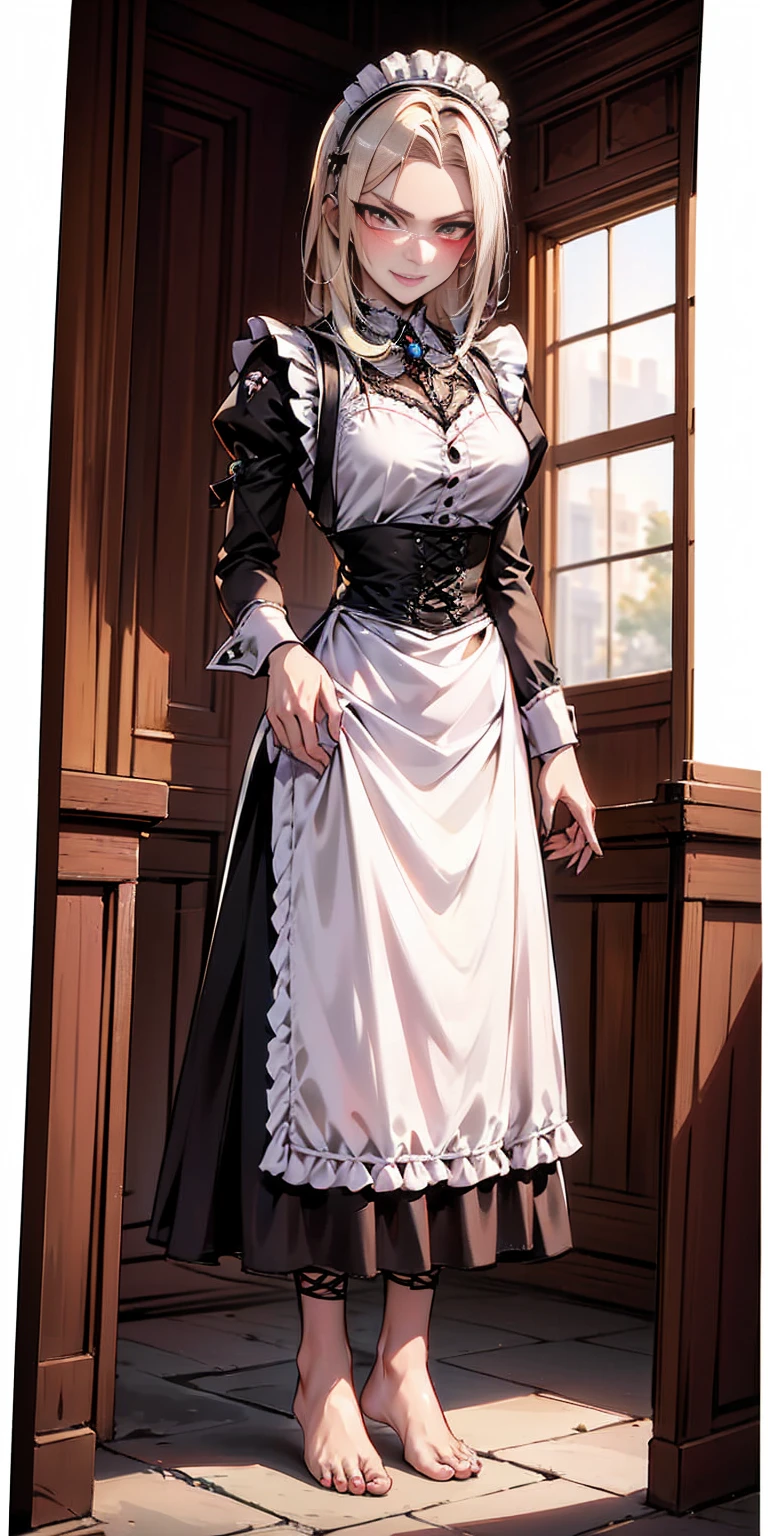 1girl, cute, ((Short black hair girl and long blonde hair girl)), maid victorian, maid apron, straight face, dazed, Body position: Standing, straight, symmetrical, barefoot, Lustful smile on face with red blush