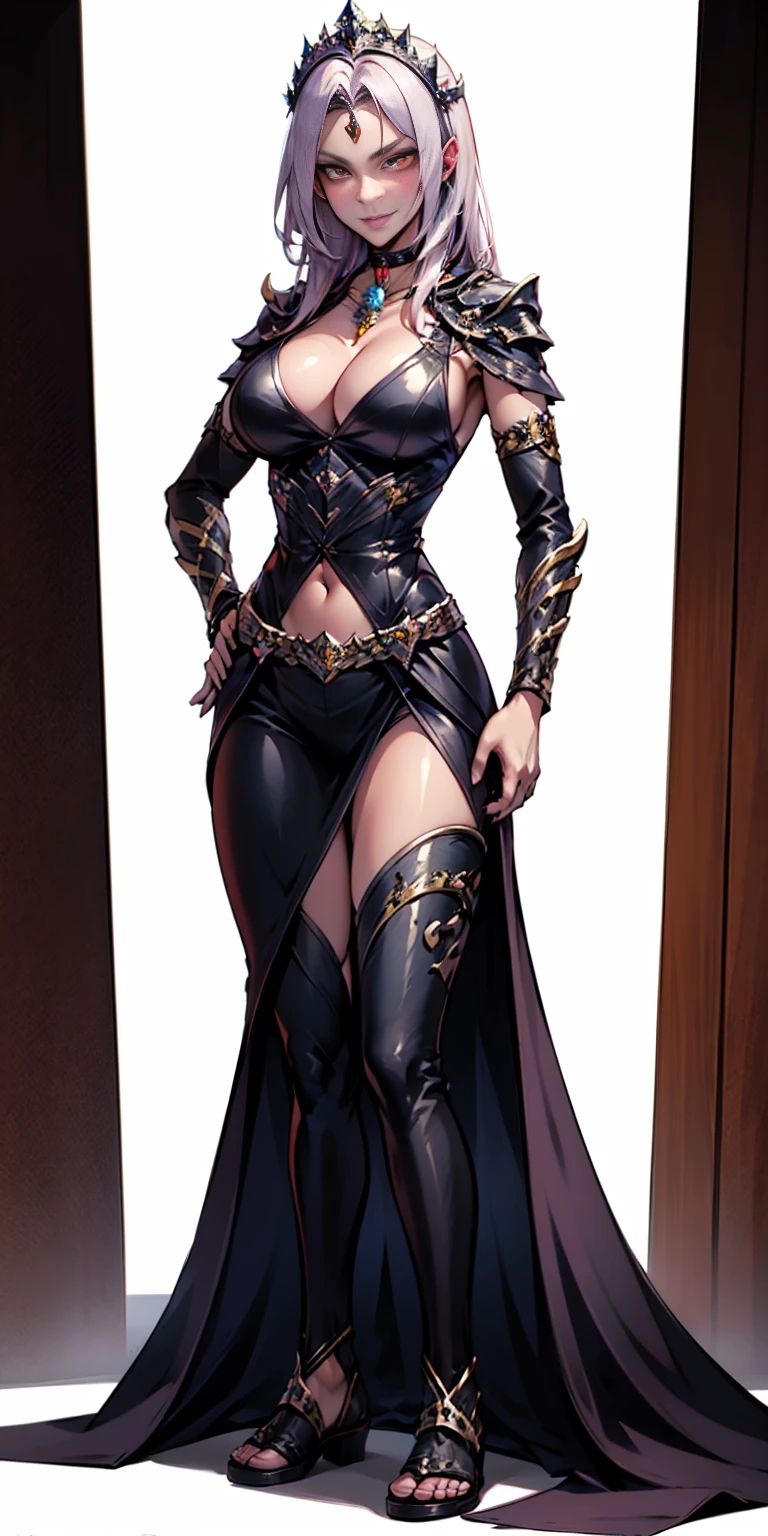 ((Masterpiece, plain background,1:2, masterpiece)) full body standing with two long yellow tiger print stockings, toned thighs,cleavage, separate yellow tiger print stockings thighs and sleeves, tiara royal, long cape up to two feet, yellow tiger bikini print, hands on waist, navel, lustful smirking smiling, smile face (red blushed, red cheeks) metal shoulders, armbands, black leather choker slave collar, full body standing with two long thighs and two metal sandals, red eyes, silver white hair, short bob hair, big knockers, cleavage, separate sleeves, tiara royal, long cape up to two feet, leather corset, yellow bikini, hands on hips, metal shoulders, armbands, black leather choker collar, shackles bracelets, slave red crest, pauldrons, loincloth standing, hands on hips, metal sandals, big belt, view from below, feet together, bracers, tiara, standing contrapposto straight symmetrical looking to viewer