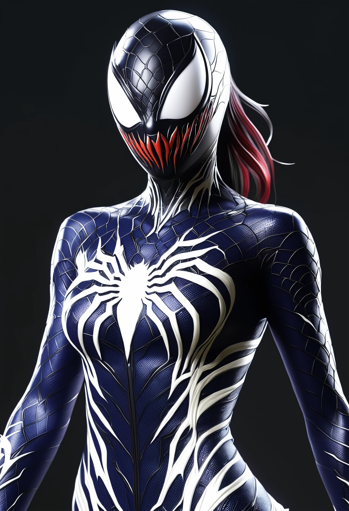 (high quality), (masterpiece), (detailed), 8K, Hyper-realistic illustration depicts (Japanese girl1.3) with striking features, dressed in (Venom Vespidae-inspired1.2) attire, showcasing intricate (upper body1.2) details. In style of Artgerm Lau, trending on Artstation.