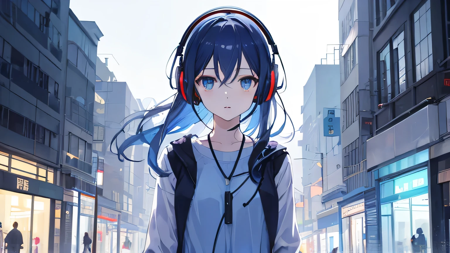 Streets of the city。Headphones。stroll。Cute older sister。After midnight。Blue Moment。Anime Style。Gentle lines。Upper Body。front。looking at the camera。Casual clothing。Show a wonderful view (highest quality, High resolution, Realistic), Vivid colors, Professional Lighting.

