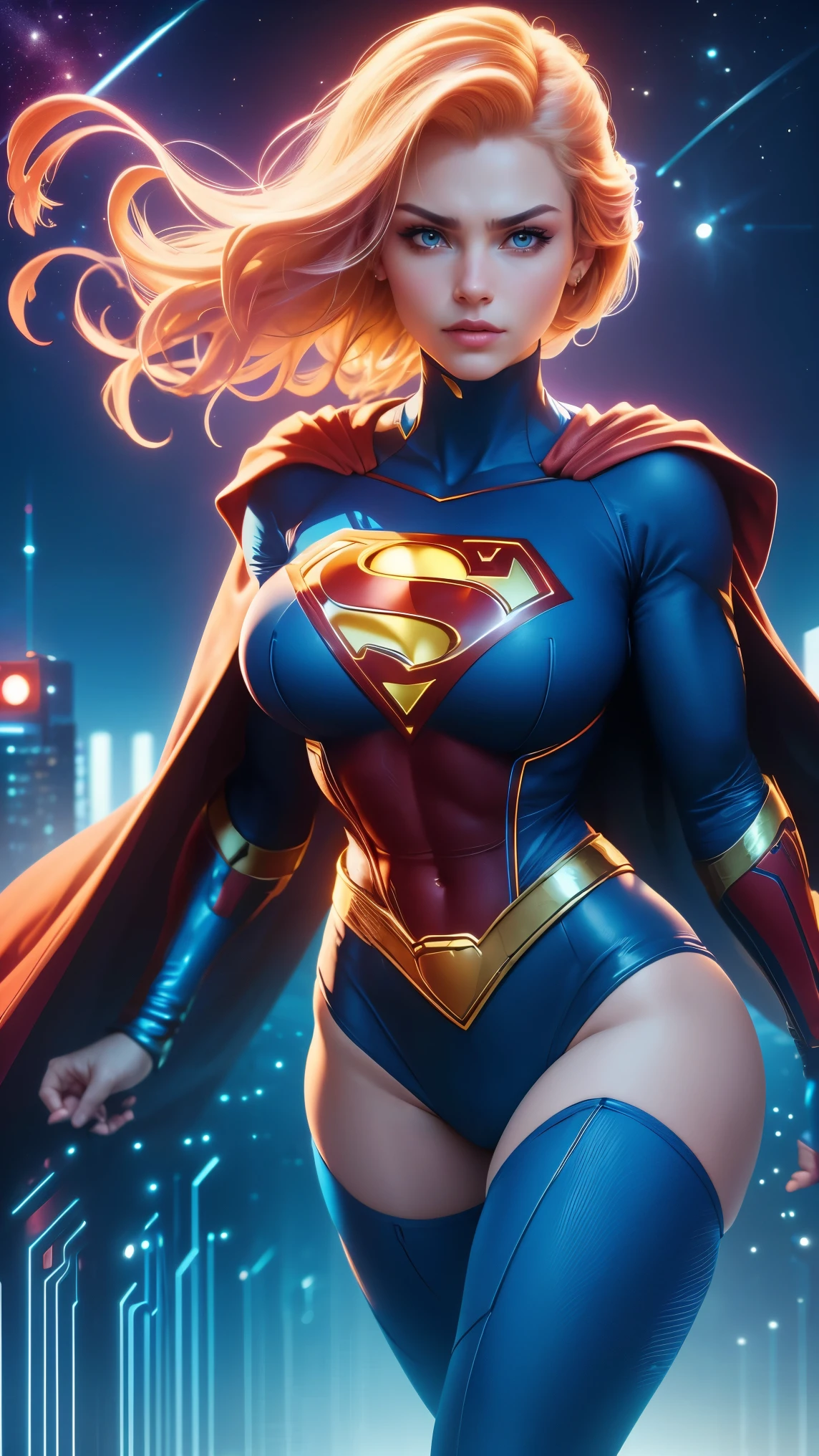 (Neon lights)，circuit boards, ((whole body view)), (SUPERGIRL is in outer space), (Complete DC Comics Superheroine), fora, highlights your muscles and scars. The scenery is lush and mysterious, com galaxias ao seu redor. The camera details everything. ((ela tem cabelo loiro, ela tem cabelo comprido)), (Ela tem um sorriso confiante, Pose heroica), ( His attitude is fearless), ( Ela tem uma personalidade arrogante), Woman body set big breasts, flirty, sexy, naughty, athletic and fit body.
