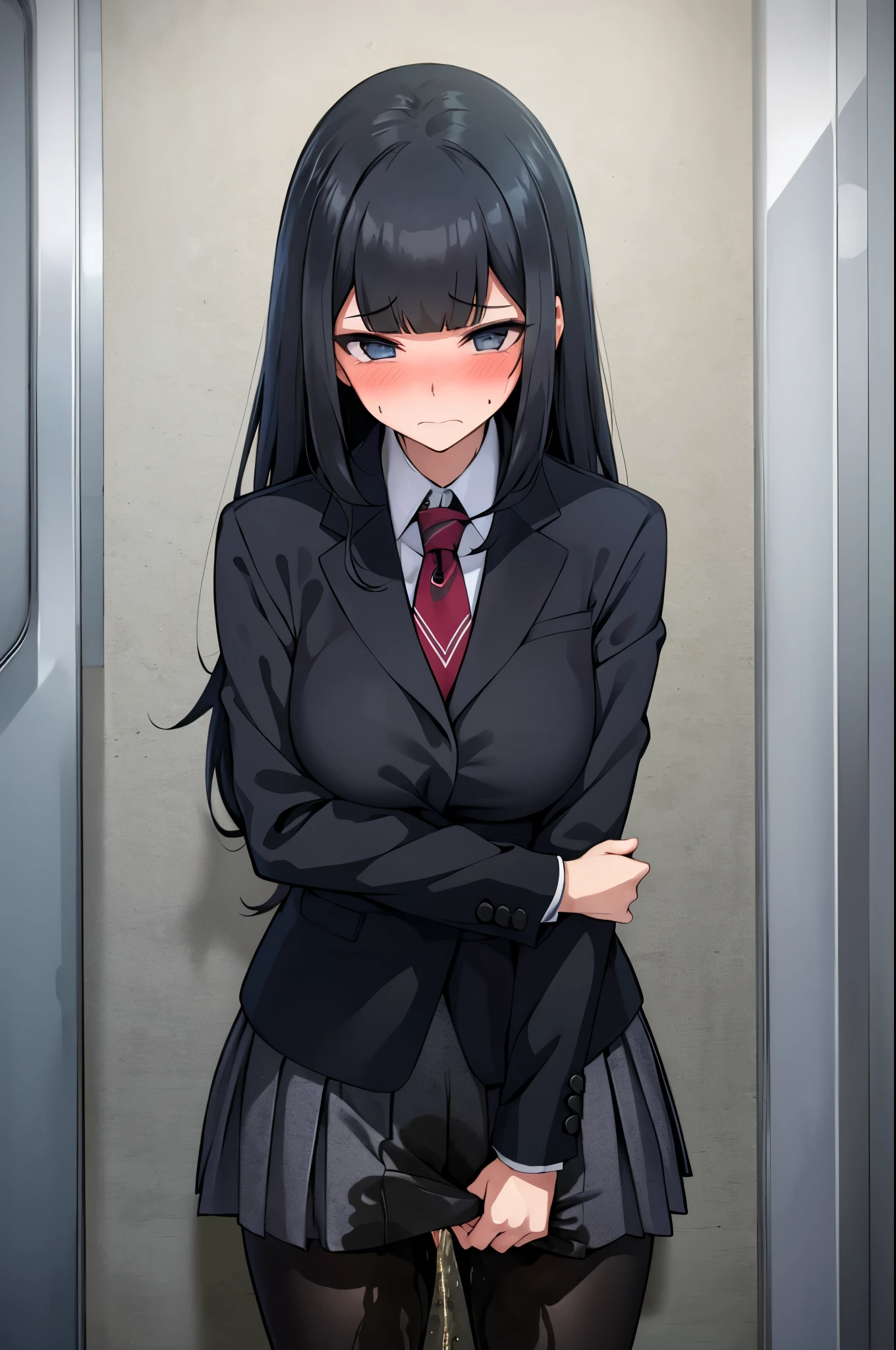 A woman with very long black hair and (very long bangs:1.5), wearing a  and skirt, blazer, pantyhose, standing. The artwork is inspired by manga and incorporates a doujin style. The woman appears to be (wetting herself:1.5), which causes her to feel embarrassed and humiliated, resulting in a blush on her face. In addition, there is an air of anger in her expression. The lighting in the scene is moody, with a spotlight highlighting the woman's figure. She is crossing her arms, (arms crossed:1.5), fully showcasing her skirt., large breasts