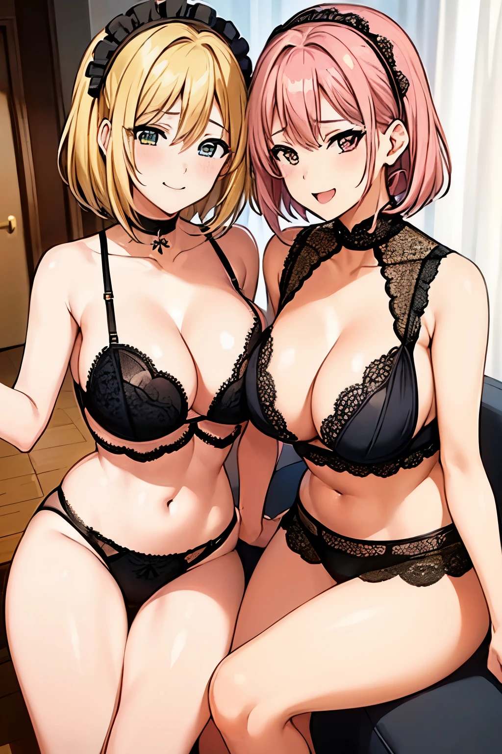 2 Girls, 1with yellow hair, 1 with pink hair, black bra, underwear, lingerie, big breast, smile, beautiful body, beautiful face, beautiful eyes