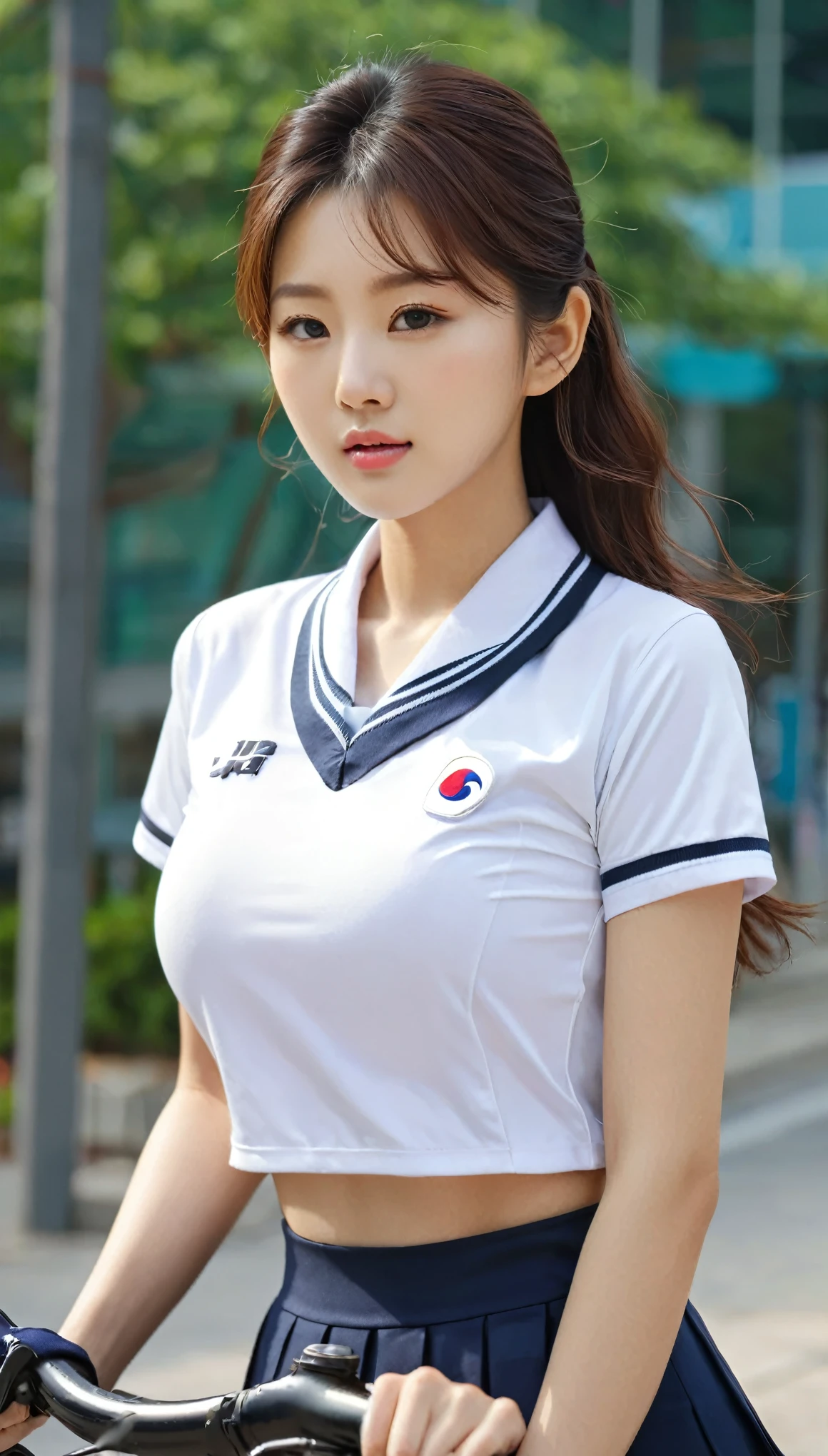 close-up of beautiful korean female, 34 inches breasts size, wearing PE uniform, bikeh background , UHD