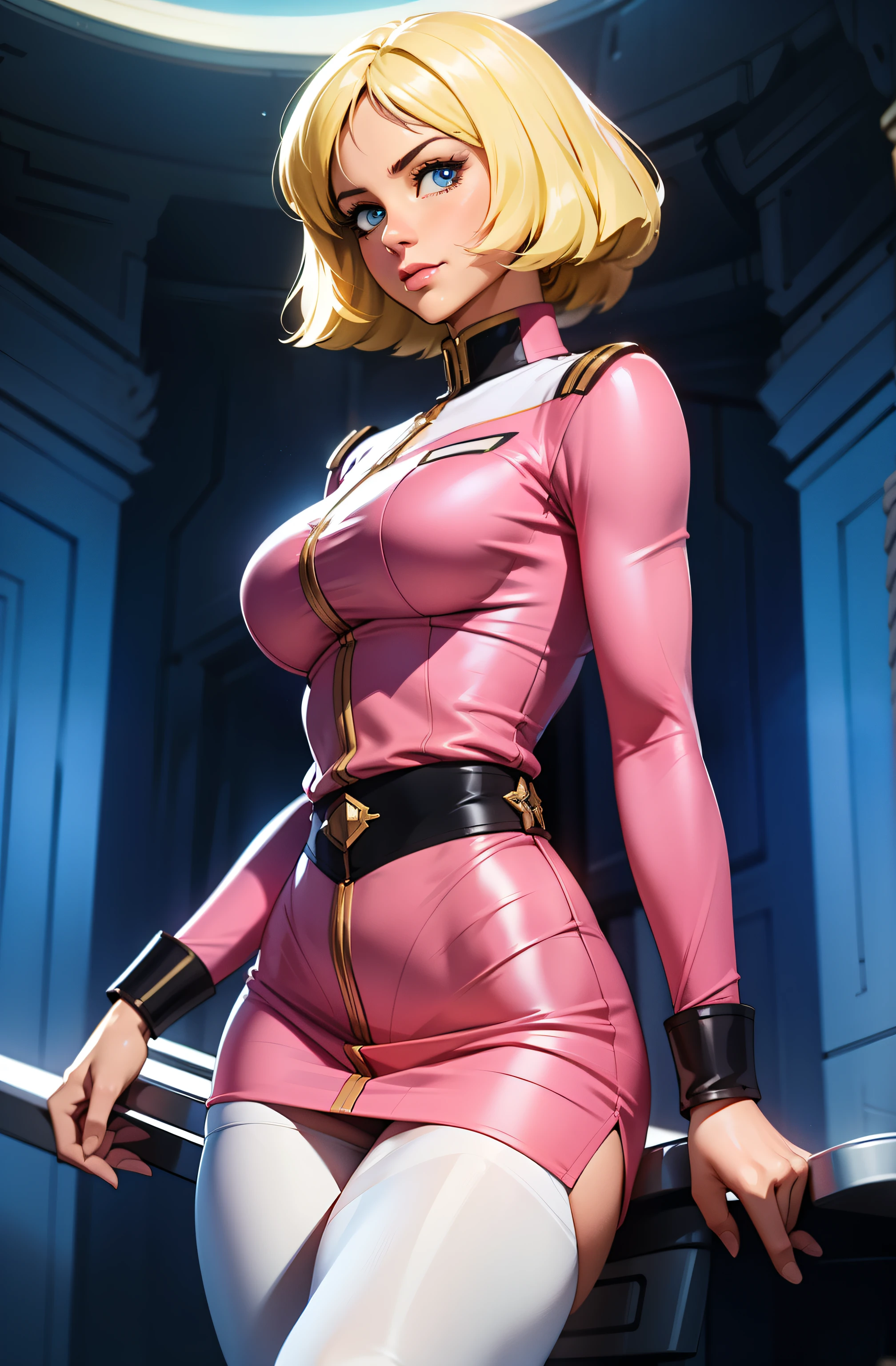 ((masterpiece)), ((cinematic lighting)), realistic photo、Real Images、Top image quality、1girl in, sayla mass, Elegant, masterpiece, Convoluted, slim arms, wide hips, thick thighs, thigh gaps, Best Quality, absurderes, high face detail, Perfect eyes, mature, Cowboy Shot, , Vibrant colors, soft pink uniform, soft pink Skirt, white tights, side view, looking at viewer