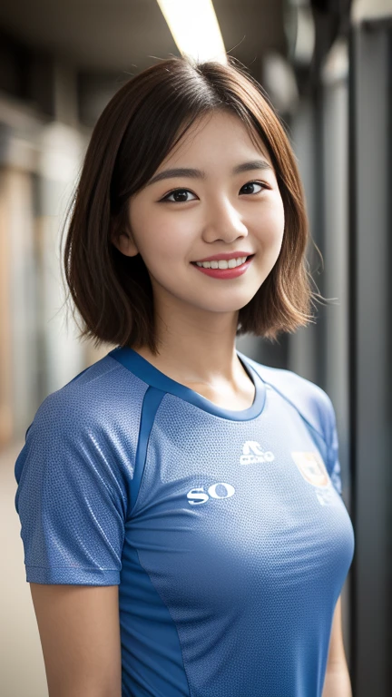 A girl named Nana, Short Hair, Brown Hair, 28 years old, ample bosom, Slender, Round face, drooping eyes, dimples, fang, winking smile, first-person view, Retro Flare, f/2.0, 105mm, Sony, UHD, retina, masterpiece, ccurate, anatomically correct, textured skin, super detail, high details, high quality, best quality, highres, 1080P, HD, 4K, 8k, training wear