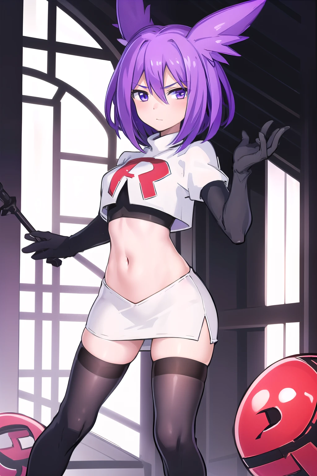 masterpiece, 1girl, levia \(trillion\), team rocket,team rocket uniform,white skirt,red letter R,crop top,black thigh-highs,black elbow gloves