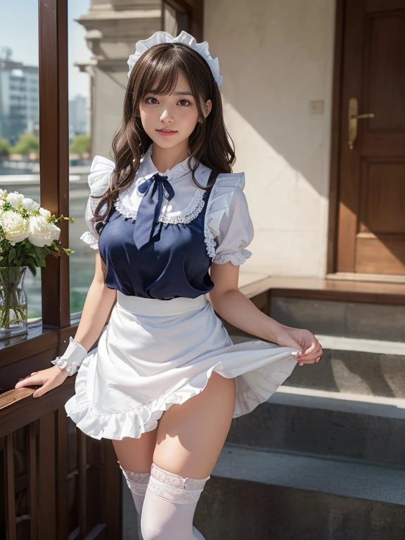 ((master piece、best quality、High resolution、nffsw、perfect pixel、8K、nffsw、nffsw)))、1 girl、single、alone、beautiful woman、I could see the whole body、((middle wavy hair、bangs、brown hair))、((brown eyes、beautiful eyelashes、realistic eyes))、((detailed face、blush:1.2))、((smooth texture:0.75、realistic texture:0.65、realistic:1.1、Anime CG style))、big and full breasts、dynamic angle、perfect body、((English Made、white frilled maid headband、ruffle blouse、ribbon tie、apron、navy blue ilk socks、high heels))、luxury hotel stairs、Angle looking up from the bottom of the stairs、Very embarrassed、Panic Smile、looked back、leaning forward、((The wind flipped my skirt and exposed my butt....................、Looking back、Touching the buttocks with both hands、Silk lace panties、shiny thighs))、