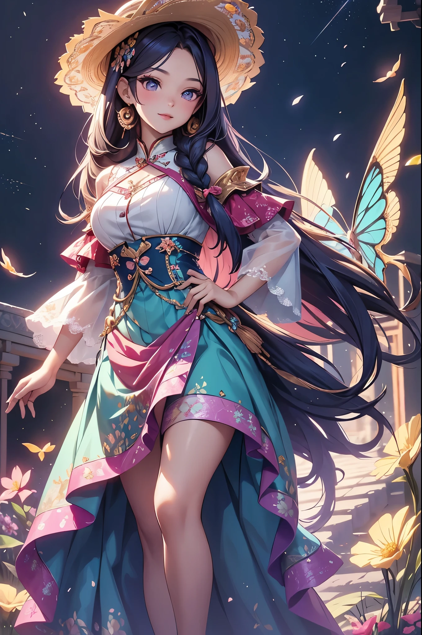 (best quality,4k,8k,highres,masterpiece:1.2),ultra-detailed,(realistic,photorealistic,photo-realistic:1.37),acrylic painting,beautiful Indonesian model in a Lolita dress with downy hair,beautiful Indonesian model with extremely colorful hair and detailed facial features,beautiful Indonesian model standing in a beautiful garden surrounded by a starry sky,beautiful Indonesian model wearing a vibrant Lolita dress,beautiful Indonesian model with intricate accessories and a matching hat,beautiful Indonesian model posing gracefully with her hands on her hips,beautiful Indonesian model with long flowing twintails,beautiful Indonesian model with bright blue eyes and rosy lips,beautiful Indonesian model with a joyful expression,beautiful Indonesian model in a dynamic pose with cherry blossoms falling around her,beautiful Indonesian model surrounded by colorful flowers and butterflies,beautiful Indonesian model's dress adorned with cute bows and lace details,beautiful Indonesian model with an enchanting smile,beautiful Indonesian model with soft, pastel-colored shading,beautiful Indonesian model with a magical glow illuminating her,beautiful Indonesian model in a picturesque setting with a winding path leading to a magnificent castle,beautiful Indonesian model holding a microphone and singing passionately,beautiful Indonesian model with a fairytale-like background,beautiful Indonesian model with a soft, dreamy atmosphere,beautiful Indonesian model with a subtle bokeh effect,beautiful Indonesian model standing under a moonlit sky,beautiful Indonesian model with a warm, golden sunset in the background,beautiful Indonesian model surrounded by twinkling stars and colorful nebulae,creating an ethereal and captivating artistic masterpiece.