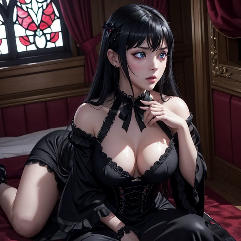 Ultra realistic, 16k, high quality, (realistic textures) 、The beauty of fragrance、24 years old、Expressions of intense sexual pleasure、Ashamed look、Dark Gothic、Obscene language、Highest quality、Expression of sexual pleasure amid suffering、Drunken face、Noble、The face of someone who is holding in the bathroom、double tail hair、right blue eye, left eye is red、Super seductive pose、platform heel shoes、Heavy makeup Goths、Black hair、Long straight hair、beautiful gothic dress、pretty face、features elegant、fascinating face、Stained glass is the background、Chest shining with sweat、The room is dark、gothic long dress、bell sleeves、Glossy thighs wet with water、Wet thighs shiny with oil、Background of a room full of roses、 different poses at different angles 、The thighs are the best、masterpiece, dream atmosphere, cinematic lights, gothic aesthetic,