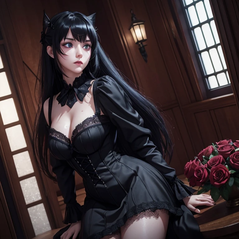 Ultra realistic, 16k, high quality, (realistic textures) 、The beauty of fragrance、24 years old、Expressions of intense sexual pleasure、Ashamed look、Dark Gothic、Obscene language、Highest quality、Expression of sexual pleasure amid suffering、Drunken face、Noble、The face of someone who is holding in the bathroom、double tail hair、right blue eye, left eye is red、Super seductive pose、platform heel shoes、Heavy makeup Goths、Black hair、Long straight hair、beautiful gothic dress、pretty face、features elegant、fascinating face、Stained glass is the background、Chest shining with sweat、The room is dark、gothic long dress、bell sleeves、Glossy thighs wet with water、Wet thighs shiny with oil、Background of a room full of roses、 different poses at different angles 、The thighs are the best、masterpiece, dream atmosphere, cinematic lights, gothic aesthetic, 