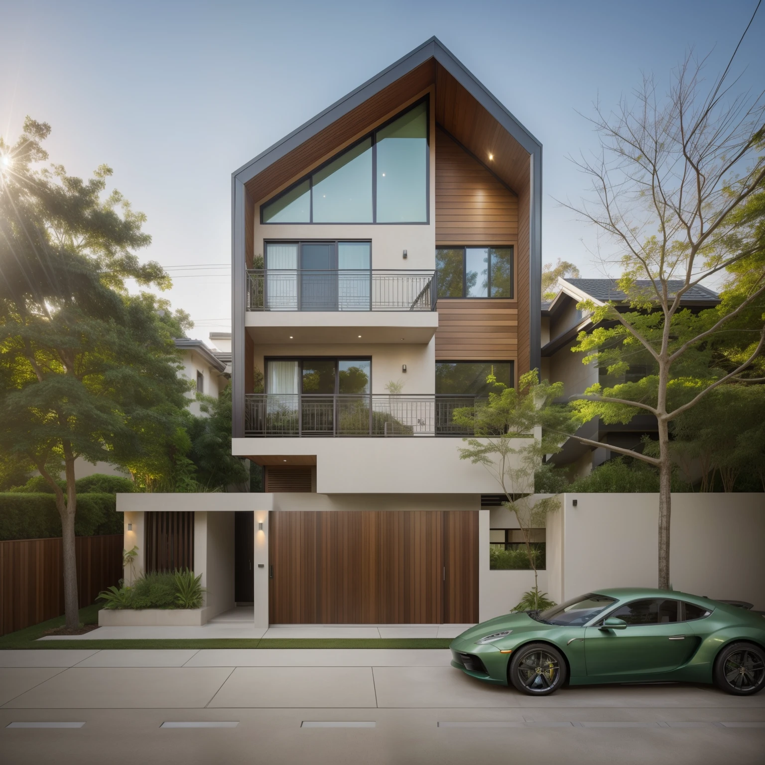 Exterior, morden house, day light, A modern street-facing house seamlessly integrates natural elements into its design. The architecture embodies an urban oasis concept, featuring a balcony adorned with lush greenery and a front yard that blends nature with the urban environment. Soft ambient lighting casts a warm and welcoming glow. Channeling the spirit of renowned architect Richard Meier, this design showcases his signature organic architecture style. The medium for this artwork is an architectural blueprint rendered in high-definition 3D graphics, emphasizing every detail of the design. The color scheme primarily consists of earthy tones and various shades of green, enhancing the connection to nature