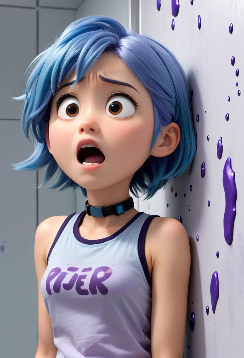  Japanese girl, blue hair, dark purple collar, gray tank top, terrified, stuck to the wall with super-strong black glue in a faulty laboratory, 3d Pixar style, (Best quality, 4k, 8k, high resolution, masterpiece #39;artwork:1.2), Ultra-detailed, (Realistic, photoRealistic, photo-Realistic:1.37), portraits, Vivid colors, studio lighting
