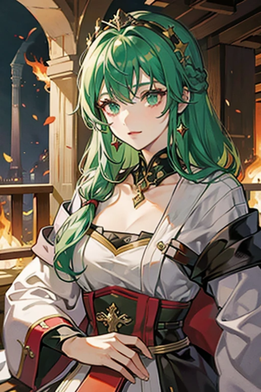 Medieval Queen is in a hospital. there are wall of fire behind them. She has green hair