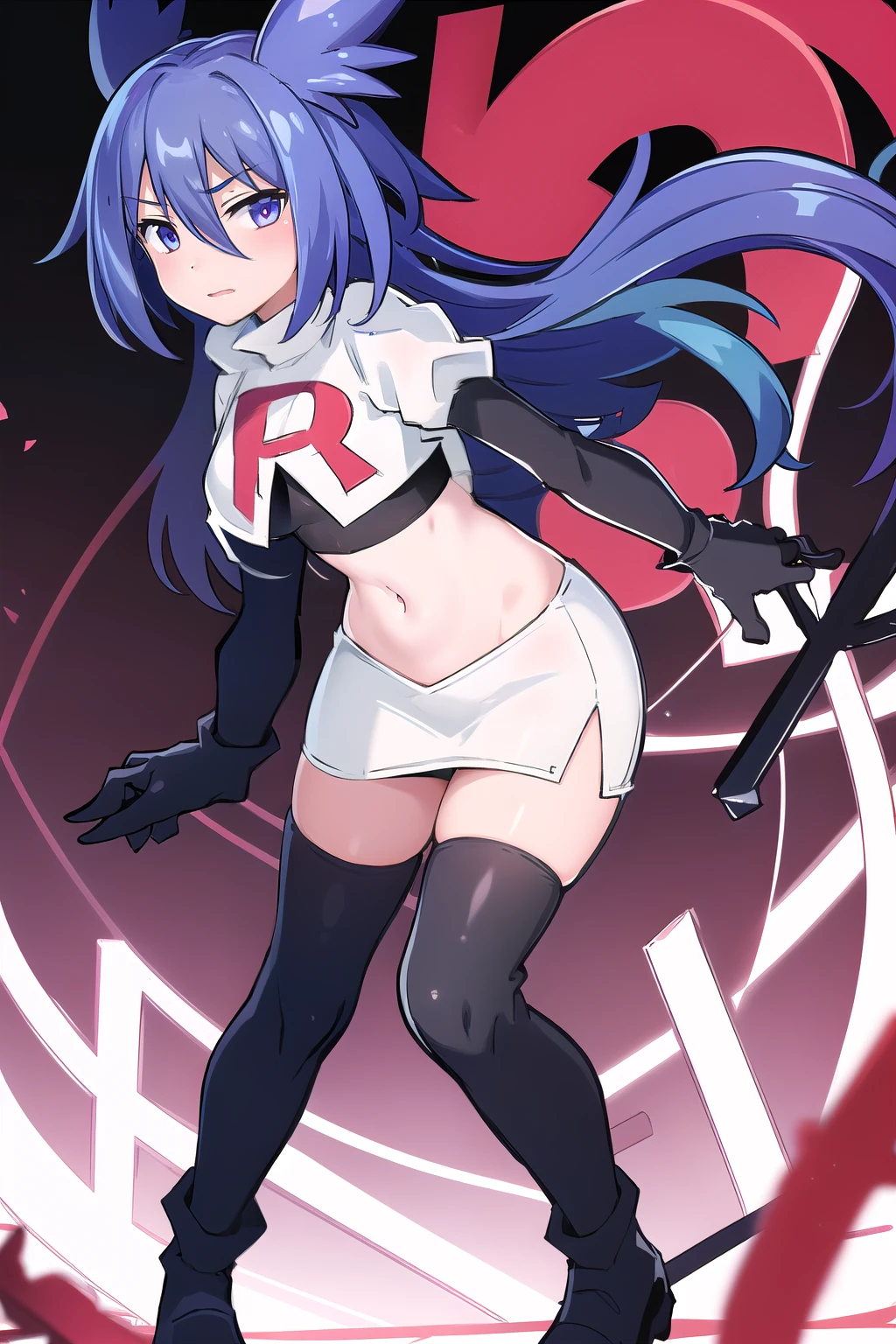 masterpiece, 1girl, levia \(trillion\), team rocket,team rocket uniform,white skirt,red letter R,crop top,black thigh-highs,black elbow gloves