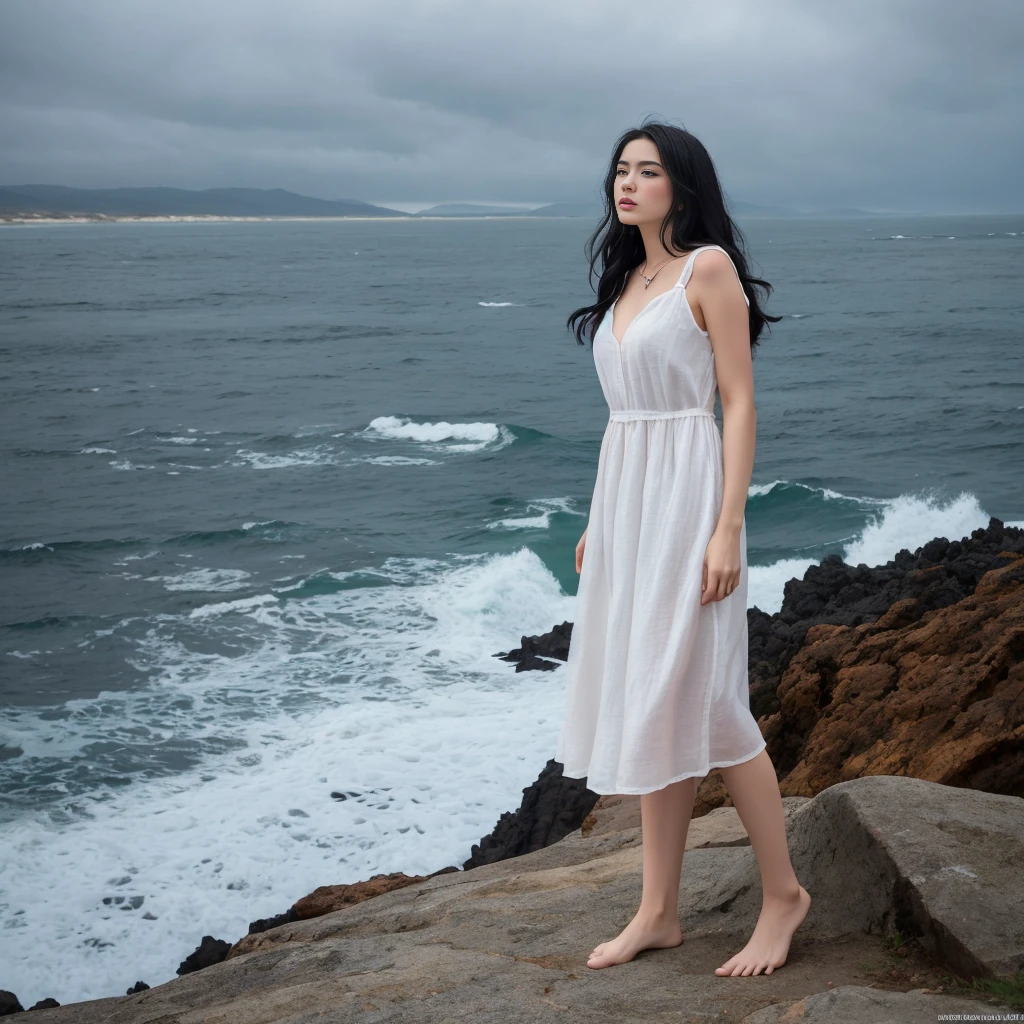 ((Masterpiece)) A Nordic woman is standing on the cliff, looking at the ocean. She has long black hair waving behind her back and sky-blue eyes. She wears a white linen dress that moves with the breeze. A highly detailed and hyper-realistic depiction of a princess in a white linen dress, wearing white panties, Realistic hands. ((full body)), mybeauties, The perspective is from below. ((Full body, bare feet)). The character is surrounded by mist, evoking a mysterious and eerie atmosphere. The lighting is dark and atmospheric, with a red smoke adding a touch of sinister ambiance. The image is of the best quality, with a resolution of 4k and HDR enhancement, showcasing the utmost level of detail and realism, sfw, full body shot. [[The perspective is from below]]